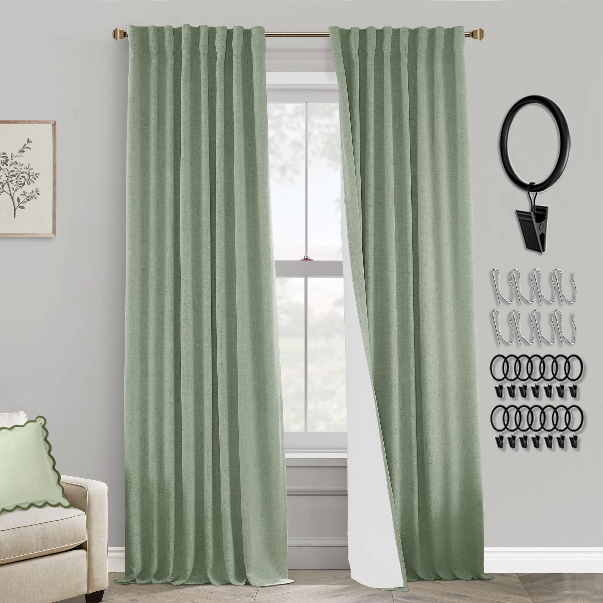 Sage Green Blackout Curtains for Bedroom Aesthetic 84 Inches Long,Boho Cute Linen Textured Thermal Pleated Back Tab Retro Vintag