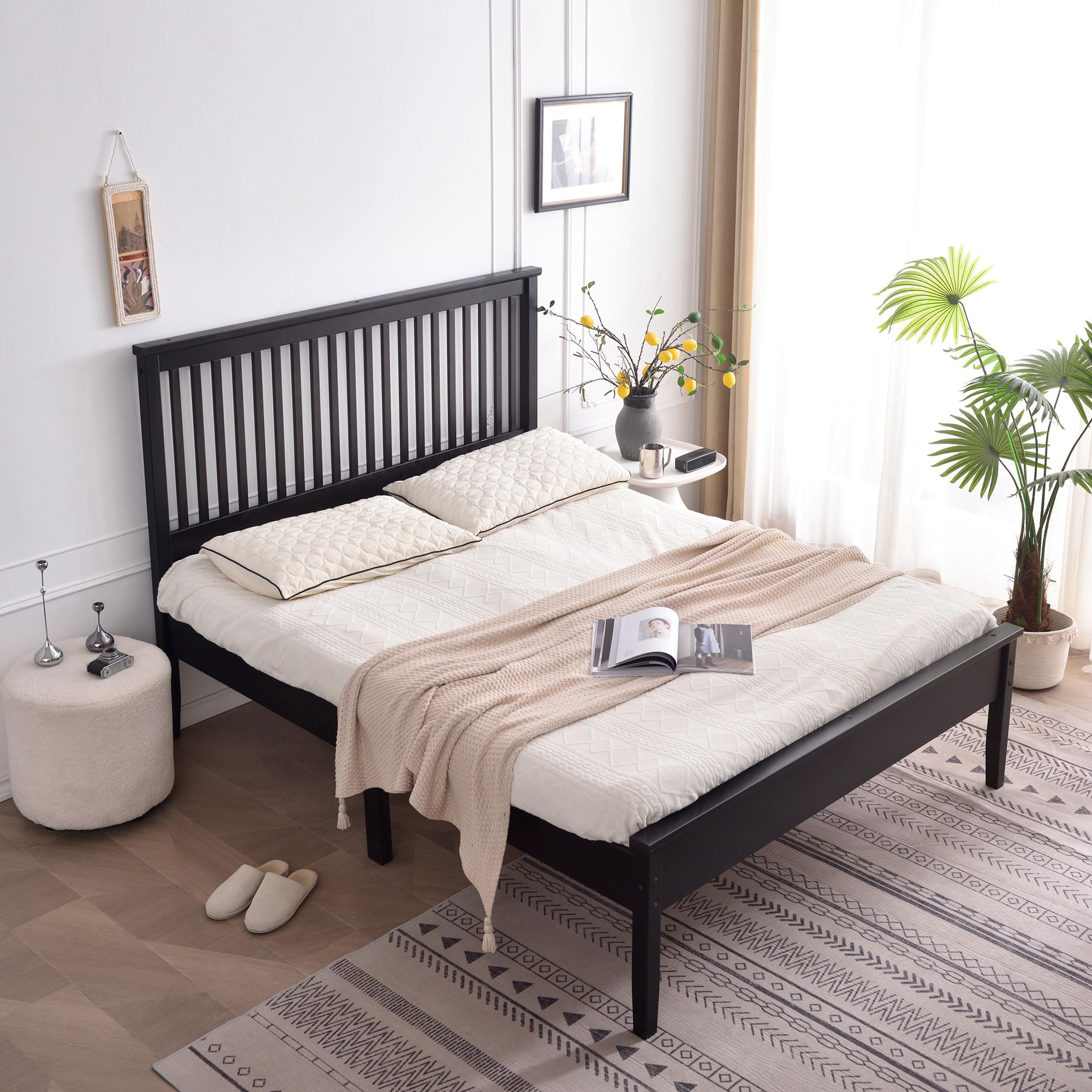 Woodpeckers Furniture And Mattress Solid Pine Wood Bed (Black, Queen)