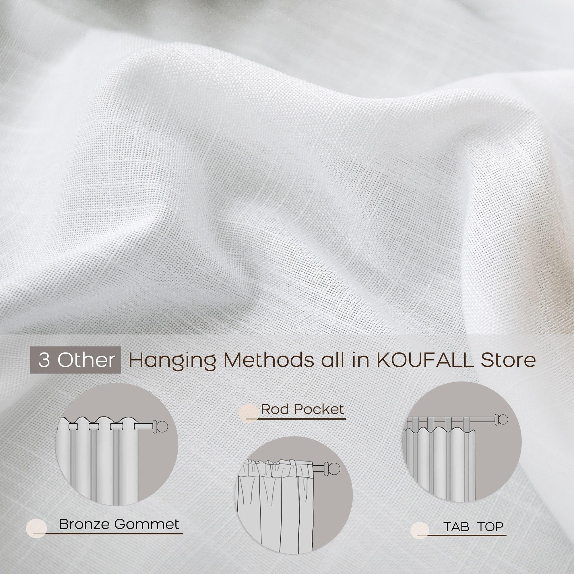 Koufall Back Tab Rod Pocket Linen Sheer Curtains For Living Room-White-72X108