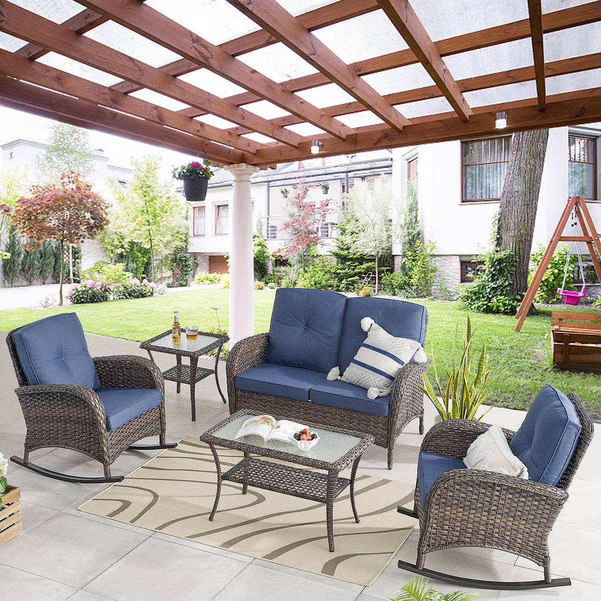 Belord Patio Wicker Furniture With Rocking Chairs Loveseat, 5 Piece Rattan Furniture Outdoor Table And Rocking Chairs Set For Patio Deck Porch Backyard Brwon/Blue