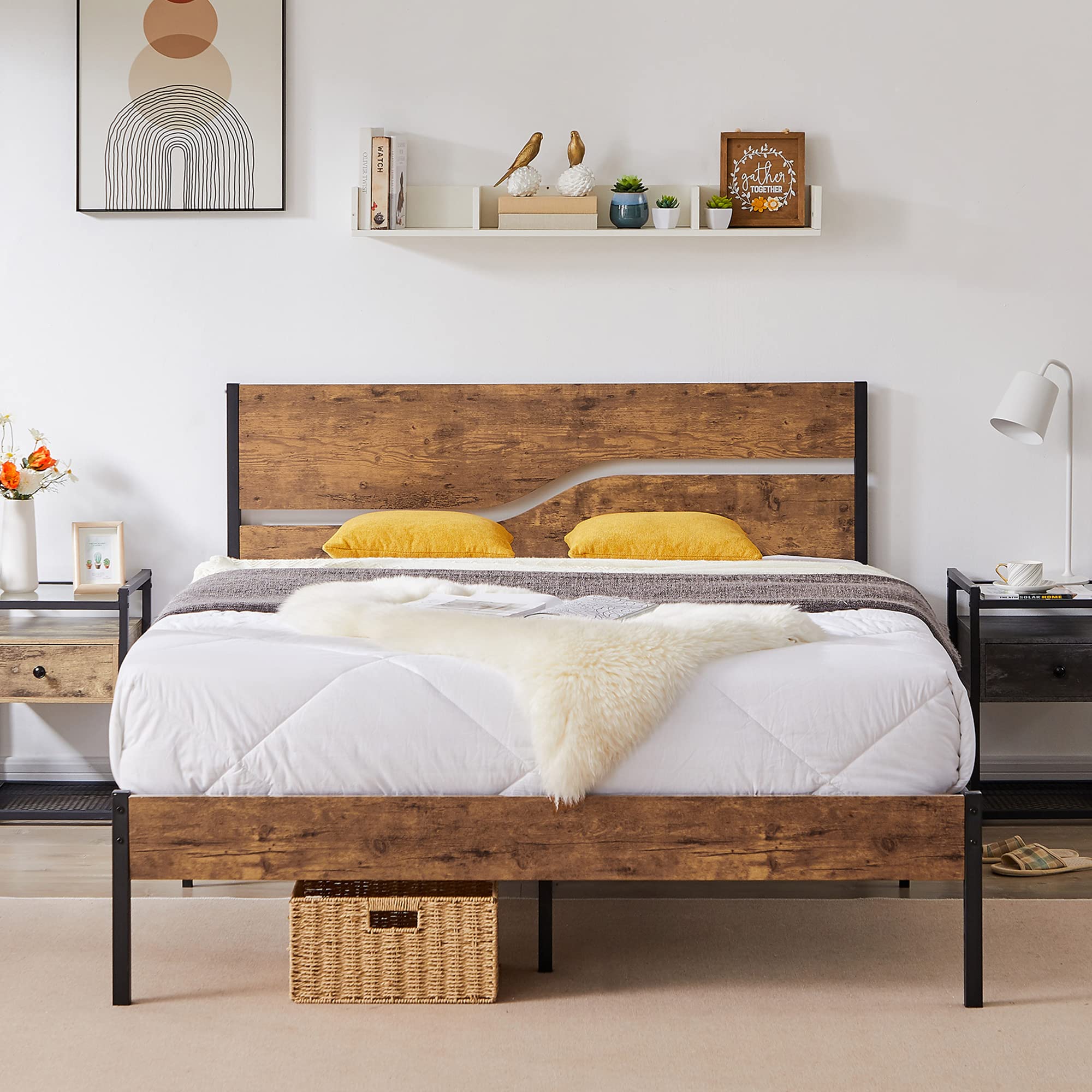Vecelo Platform Bed Frame Queen Size With Rustic Vintage Wood Headboard, Mattress Foundation, Strong Metal Slats Support, No Box Spring Needed