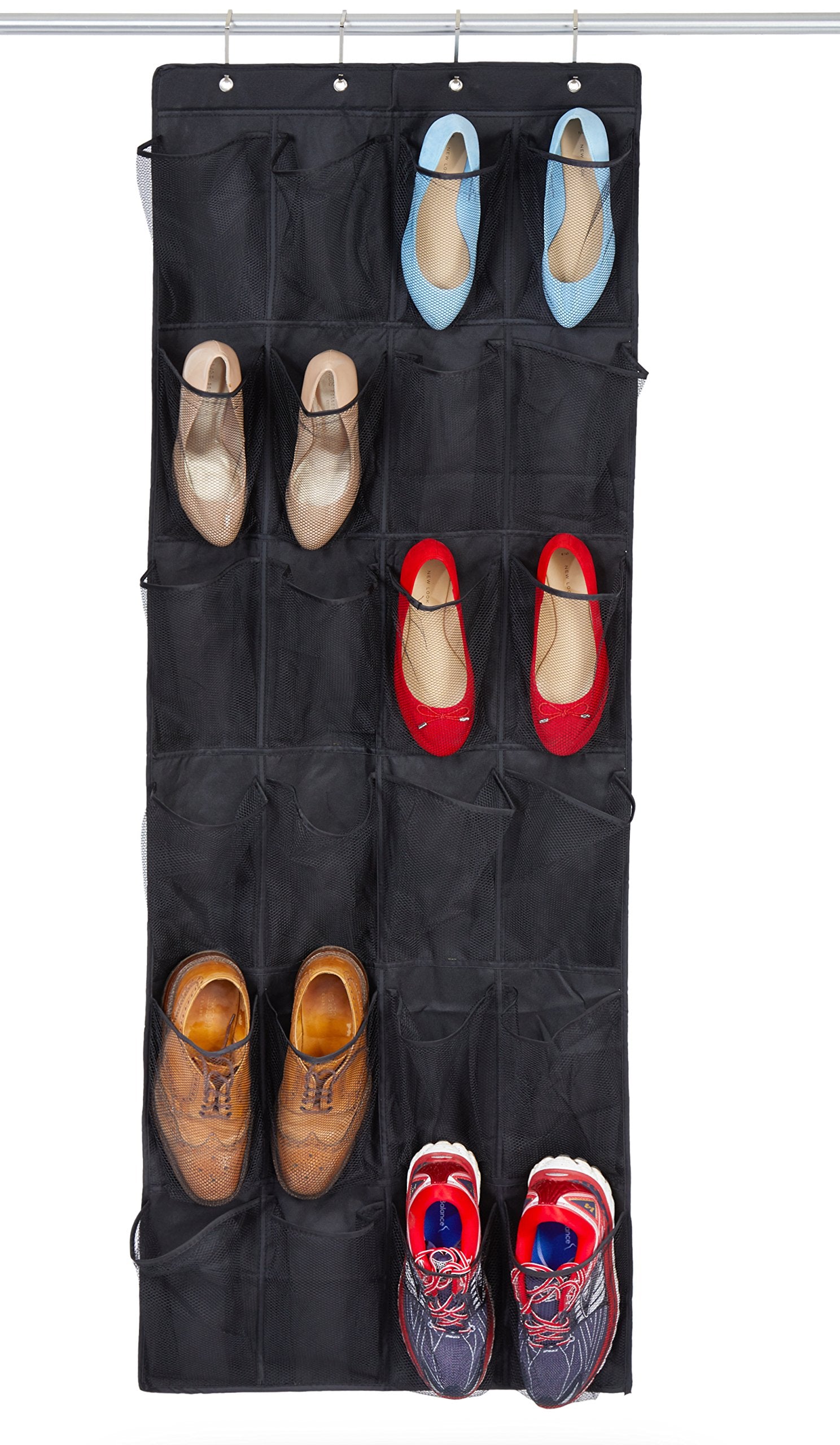 Bilpa Shoe Organizer, Over The Door Hanging Closet Rack | 24 Large Mesh Pockets Fit Up to Size 14 | Strong Metal Hooks | Sturdy 
