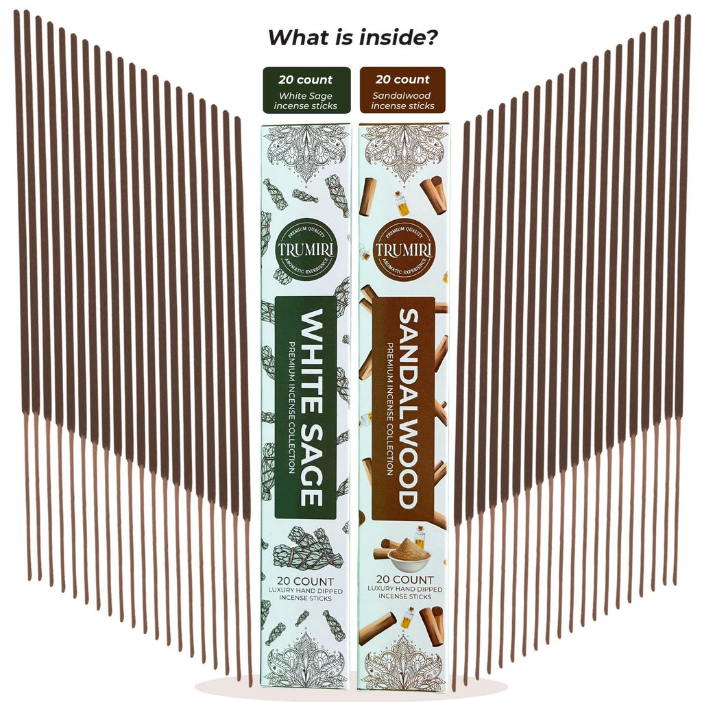 Trumiri Incense Sticks - Combo Pack Of 40 Insence-Sticks - 20 White Sage + 20 Sandalwood - Insenses - Insents - Incents - Inscen