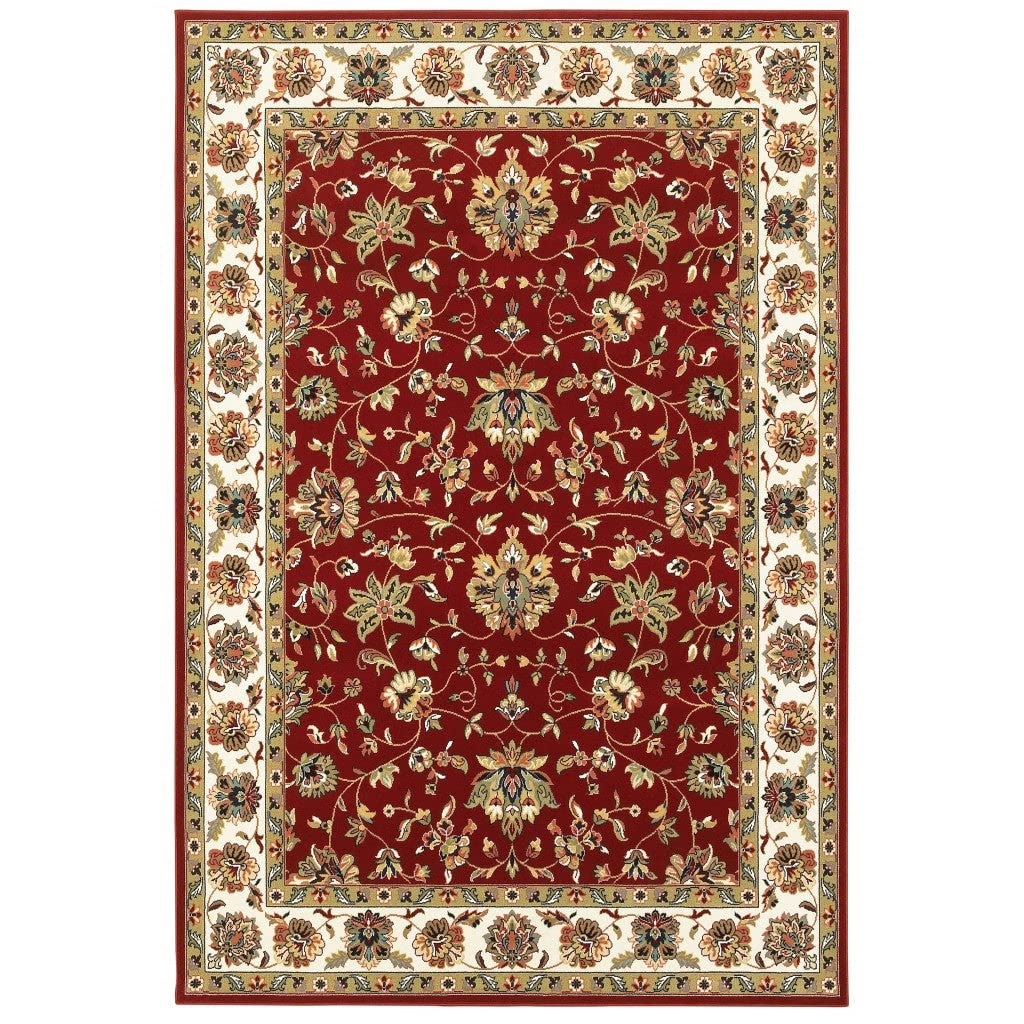 HomeRoots Polypropylene 3' x 6' Red Ivory Machine Woven Floral Oriental Indoor Area Rug