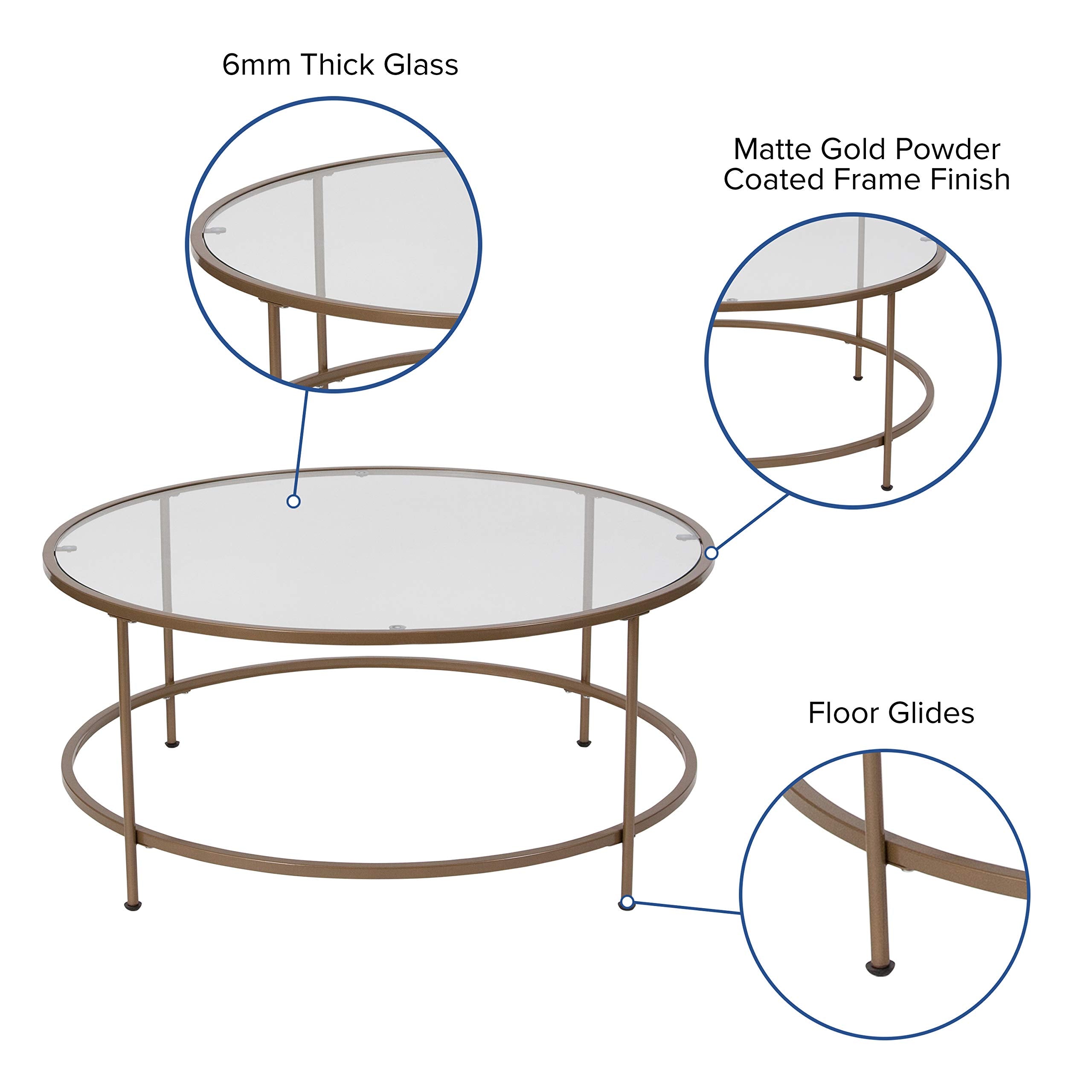 Flash Furniture Astoria Collection Round Coffee Table - Modern Clear Glass Coffee Table - Brushed Gold Frame