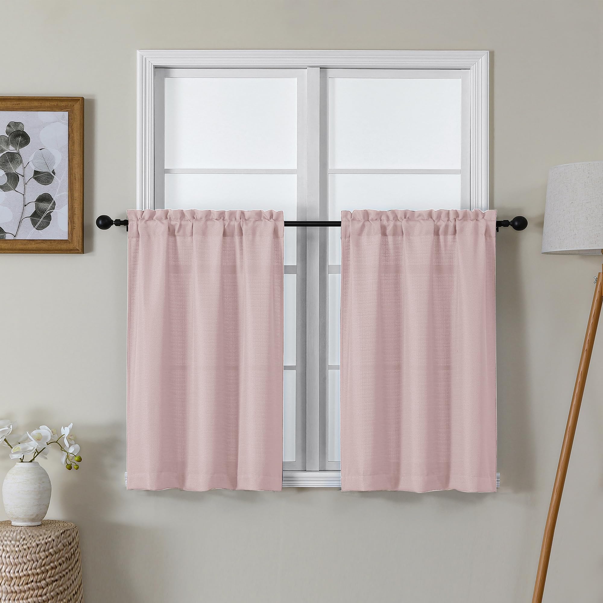Lecloud Bessie Blush Pink Kitchen Curtains 30 Inch Length 2 Pcs, Faux Linen Textured Short Curtains for Small Windows, Light Fil