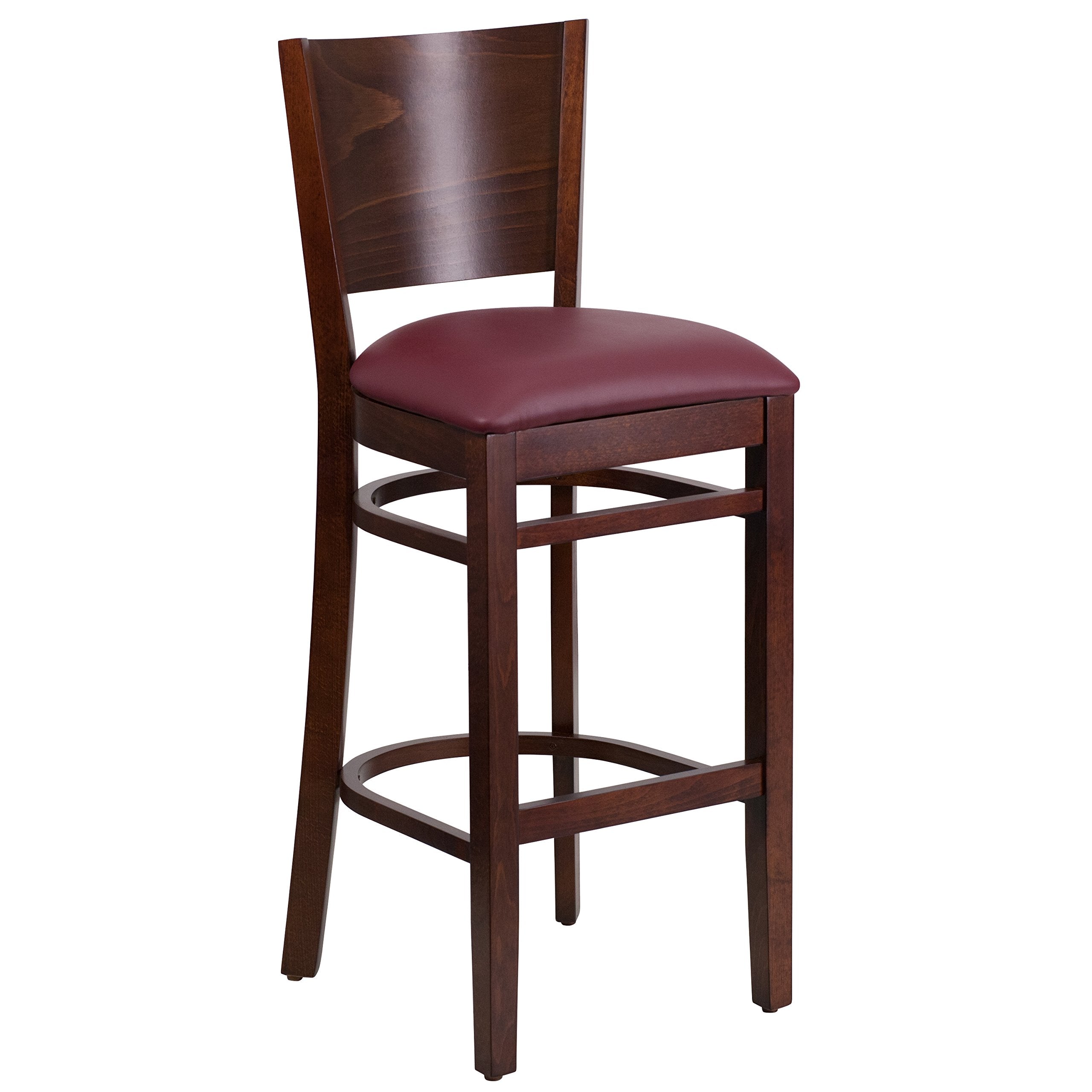 Flash Furniture Lacey Series Solid Back Walnut Wood Restaurant Barstool - Burgundy Vinyl Seat