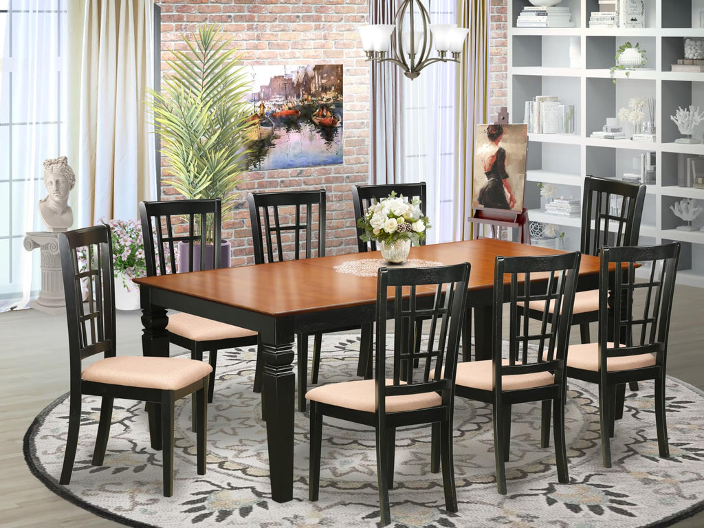 East West Furniture LGNI9-BCH-C 9 Piece Dining Table Set Includes a Rectangle Wooden Table with Butterfly Leaf and 8 Linen Fabric Dining Room Chairs, 42x84 Inch, Black & Cherry