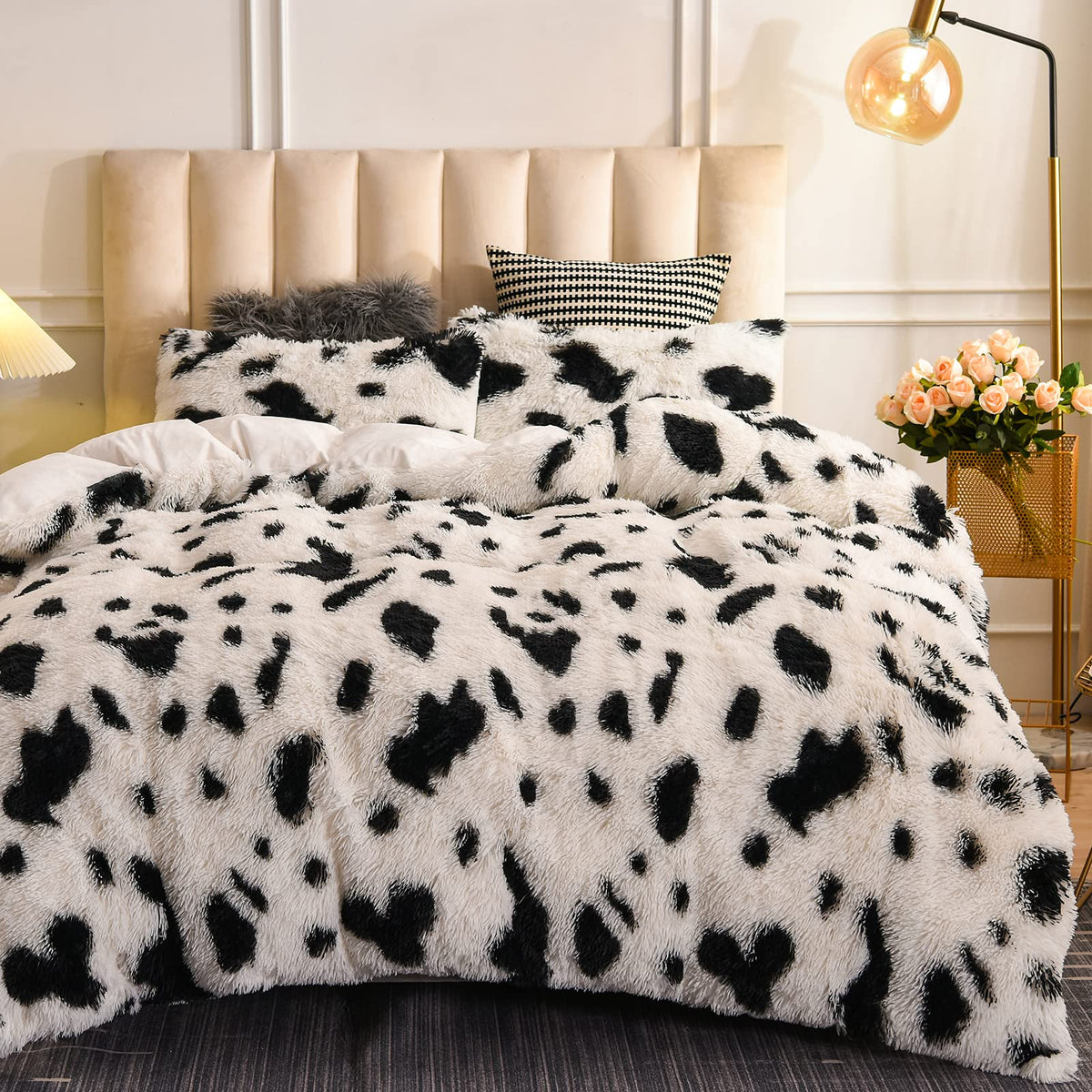 Aimuan Plush Shaggy Duvet Cover Set Luxury Ultra Soft Crystal Velvet Bedding Fluffy Comforter Cover Faux Fur Fuzzy Cow Print Qui