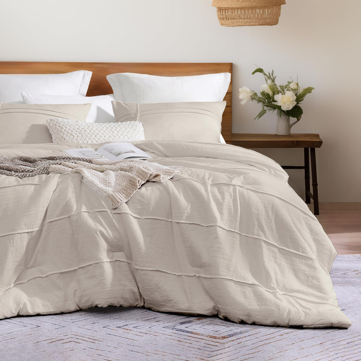 Amberspace Beige King Size Comforter Set, 3 Piece Lightweight Comforter King, Farmhouse King Bedding Set And Pinch Pleat King Si