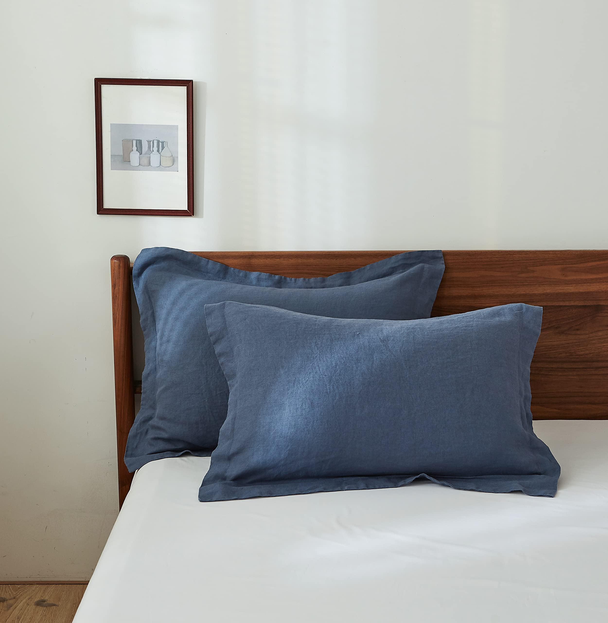 Simple&Opulence 100% Belgian Linen Pillow Shams -Set Of 2, Standard Size - Basic Style Breathable Pure Linen Suitable For Home - Soft And Durable With Envelope Closure (20''X 26'', Classic Blue)