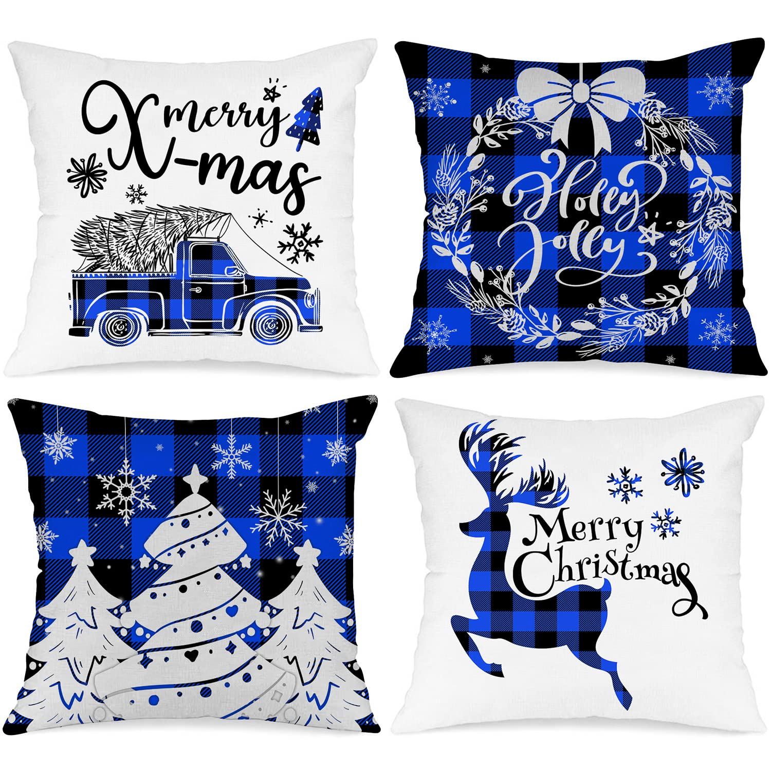 Lanpn Christmas Throw Pillow Covers 16X16 Set Of 4, Decorative Holiday Farmhouse Merry Xmas 16 X 16 Buffalo Check Plaid Cushion