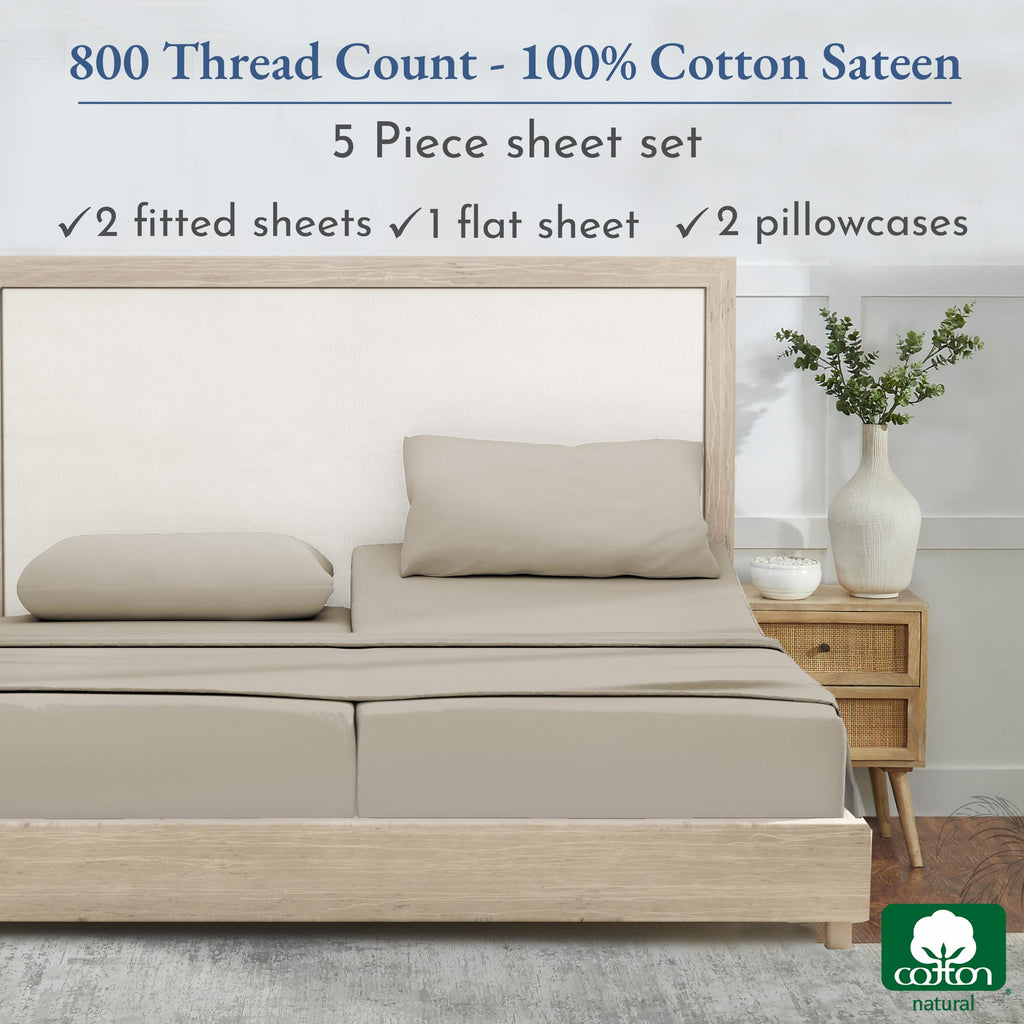 California Design Den Split King Sheet Set - Luxury 800 Thread Count, 100% Cotton Sateen, Bedding Set With Deep Pockets, Cooling & Softer Than Egyptian Cotton Sheets (Beige)