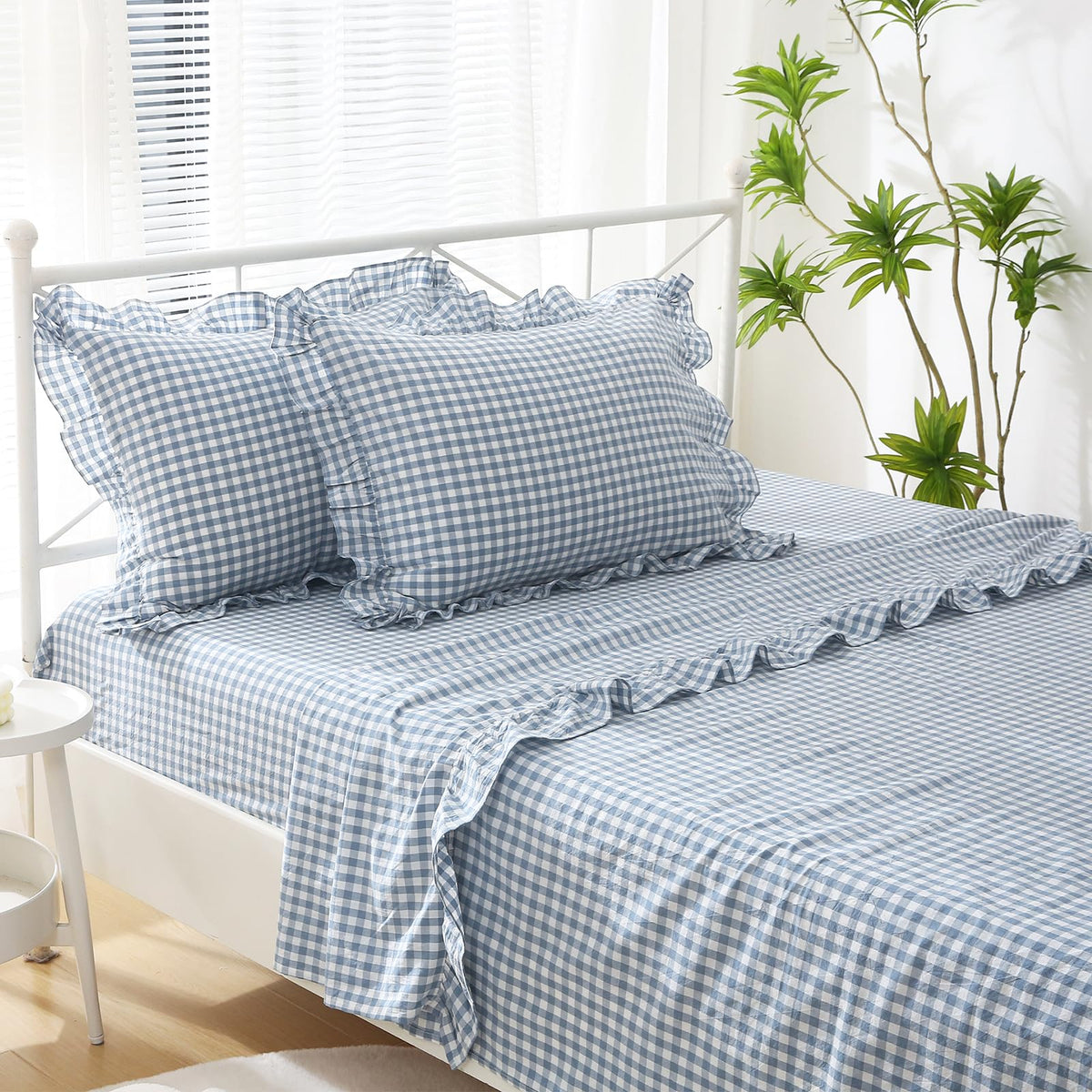 K Masaniji Dust Blue White Plaid Ruffle Sheets Twin Size 4-Piece Set, 300Tc 100% Yarn Dyed Cotton Sheets18 In Deep Pocket Preppy