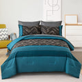 Luxudecor Teal Blue Comforter Set Queen Size, 7 Pieces Blue And Black Stripe Bed In A Bag, Geometric Comforter And Sheet Set, So
