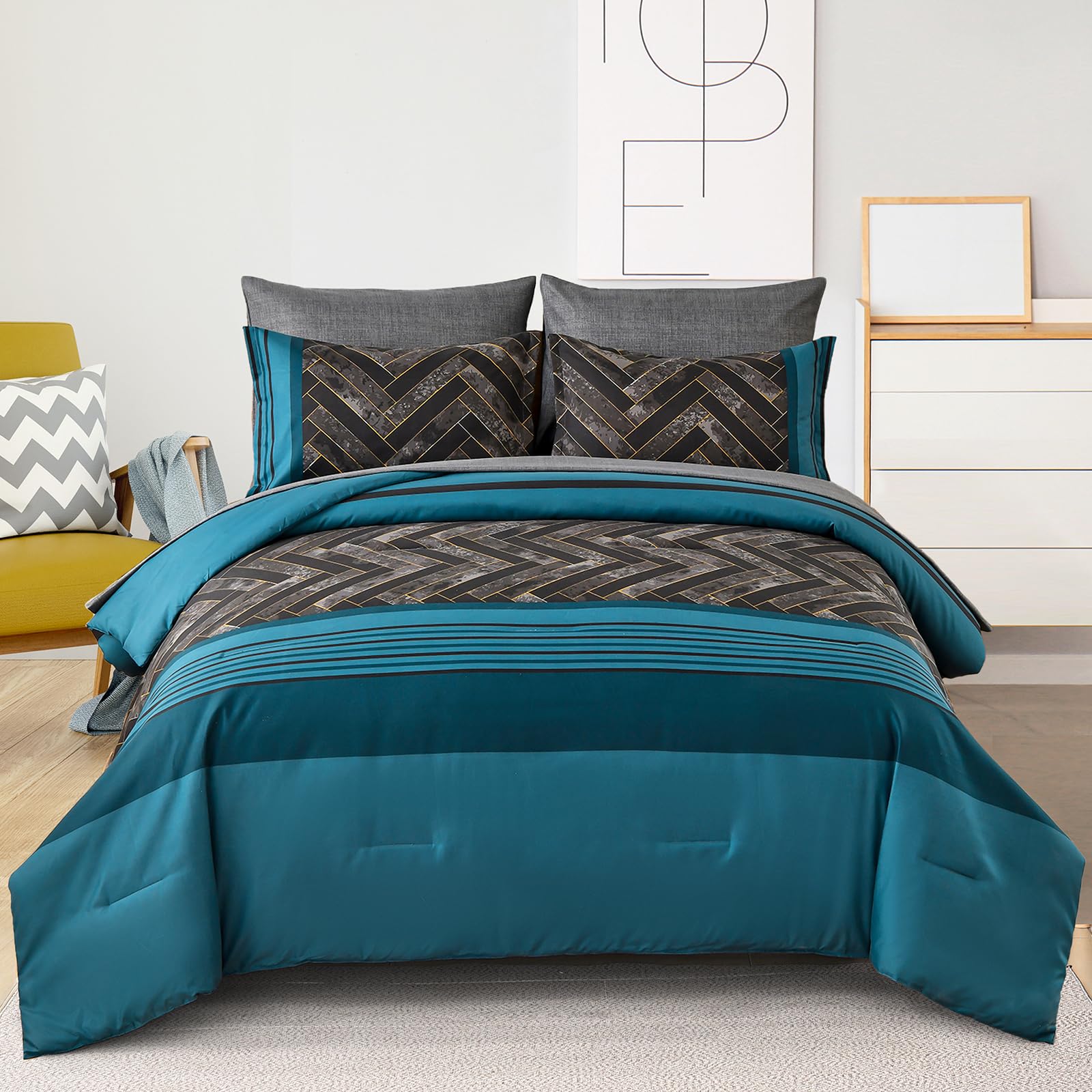 Luxudecor Teal Blue Comforter Set Queen Size, 7 Pieces Blue And Black Stripe Bed In A Bag, Geometric Comforter And Sheet Set, So