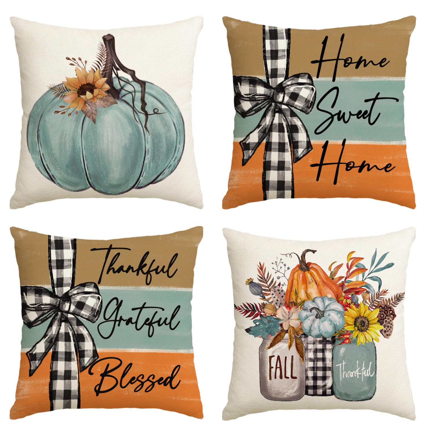 Avoin Colorlife Fall Pumpkin Home Sweet Home Throw Pillow Covers, 16 X 16 Inch Autumn Thankful Grateful Blessed Harvest Floral D