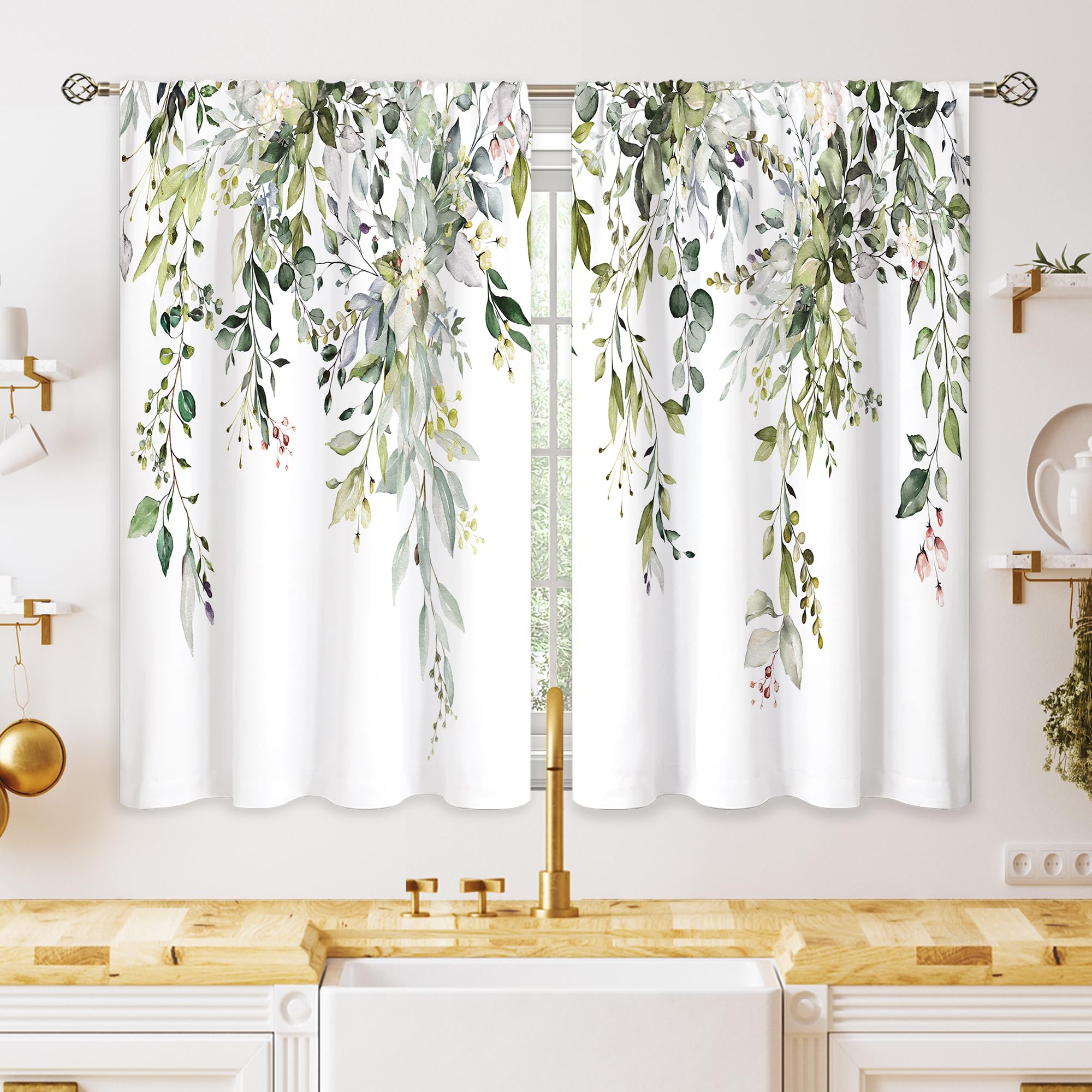 Oolygoo Eucalyptus Botanical Leaves Floral Kitchen Window Curtains Over Sink Farmhouse Flower Leaf Small Window Treatment Sage G