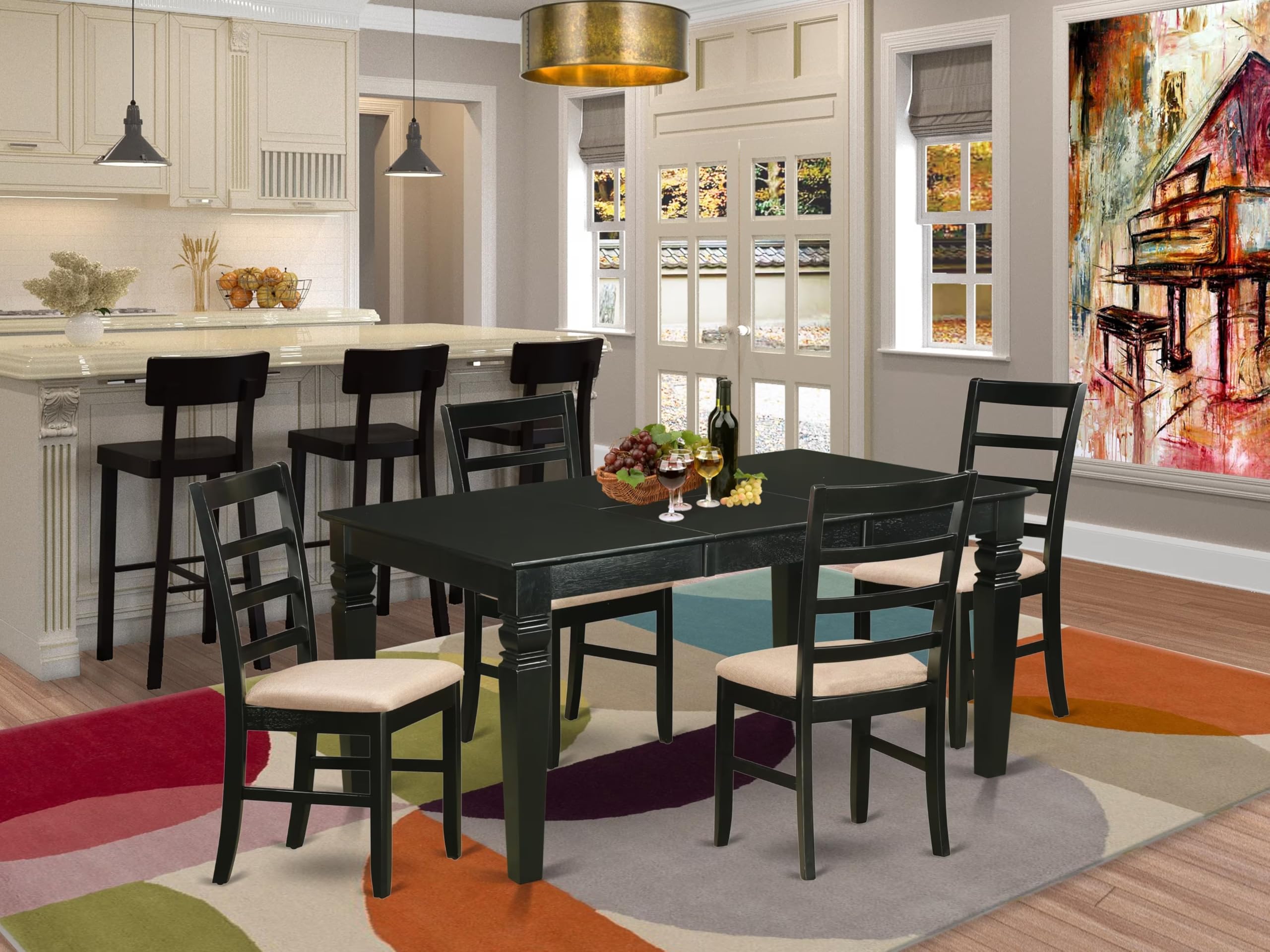 East West Furniture WEPF5-BLK-C 5 Piece Dining Room Furniture Set Includes a Rectangle Kitchen Table with Butterfly Leaf and 4 Linen Fabric Upholstered Chairs, 42x60 Inch, Black