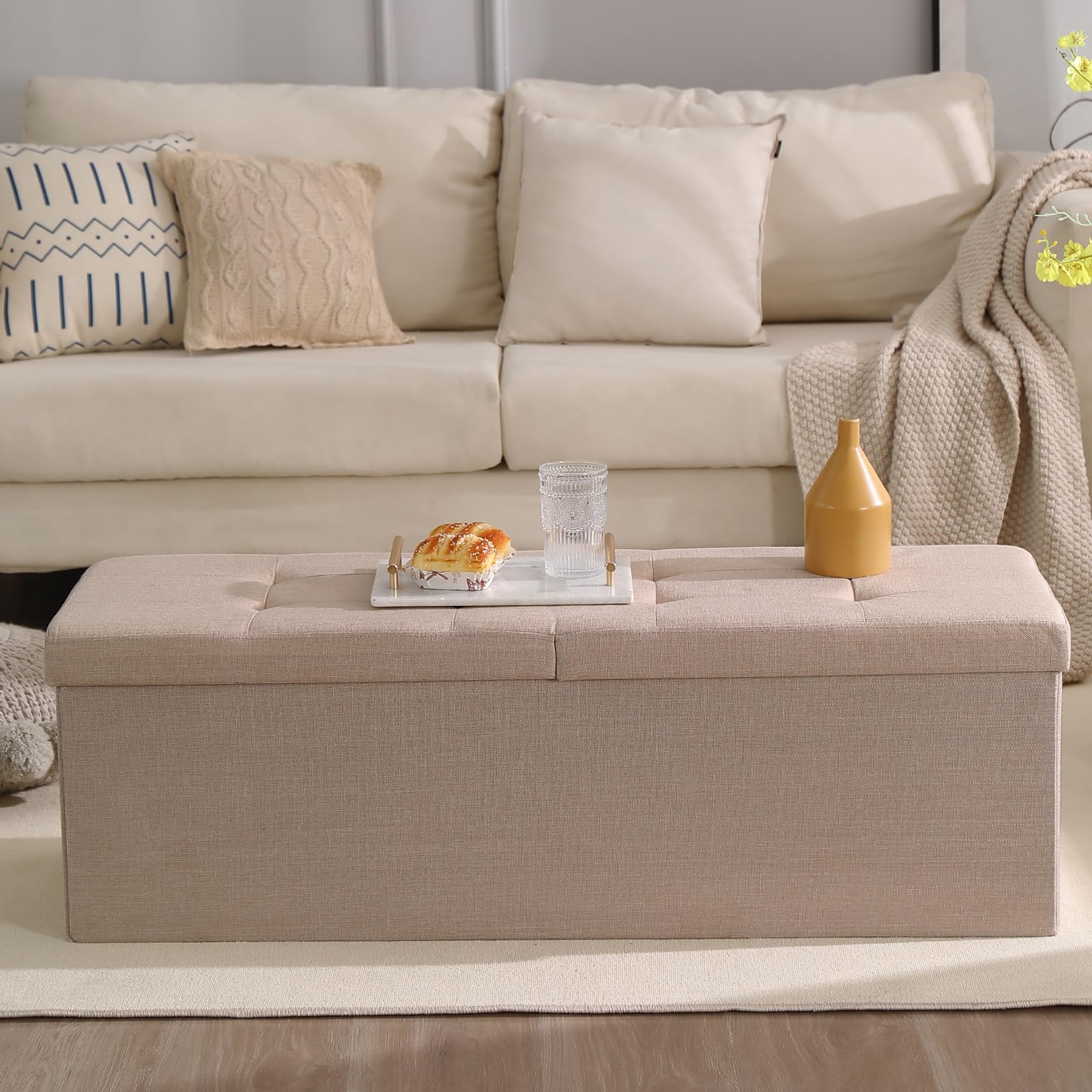 Cuyoca 45.3 Inches Storage Ottoman Bench Foldable Seat Footrest Shoe Bench End Of Bed Storage With Flipping Lid, 166L Storage Space, Linen Fabric Sandy Beige