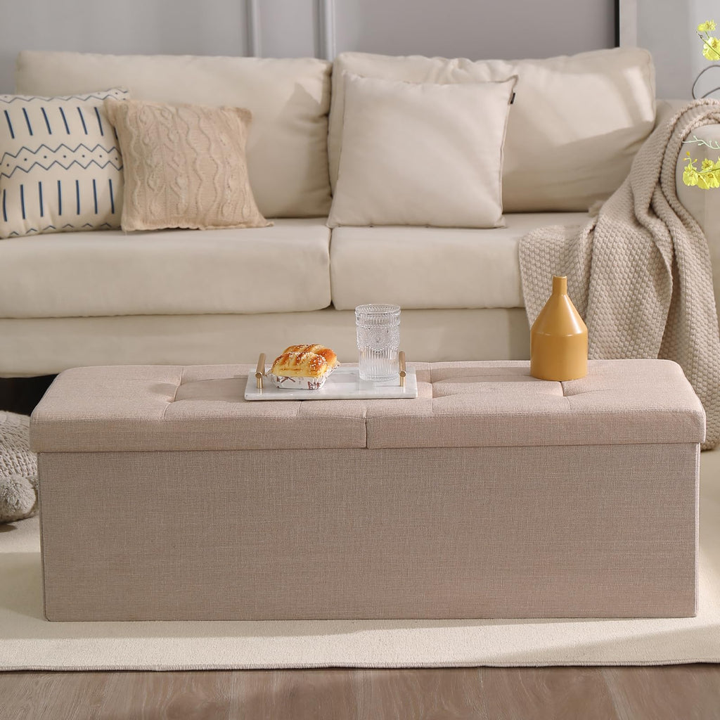 Cuyoca 45.3 Inches Storage Ottoman Bench Foldable Seat Footrest Shoe Bench End Of Bed Storage With Flipping Lid, 166L Storage Space, Linen Fabric Sandy Beige