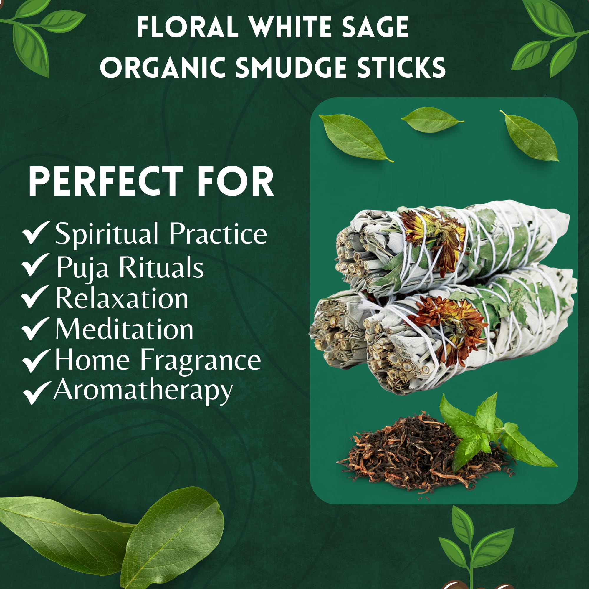 Floral White Sage Organic Smudge Sticks With Flowers 3 Pack For Cleansing Home, Meditation, Yoga, Healing And Smudging | Sustain
