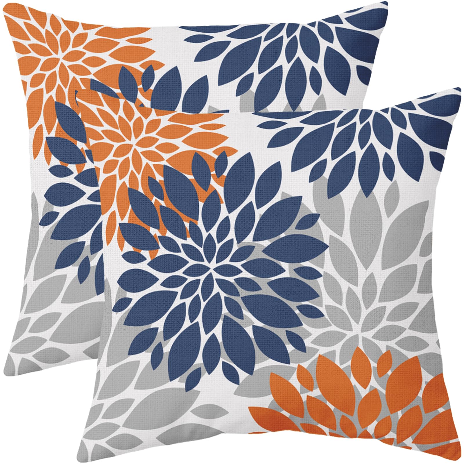 Navy Blue Orange Pillow Covers 18X18 Set Of 2 Fall Colored Grey Gray Dahlia Flower Outdoor Decorative Throw Pillows Autumn Theme