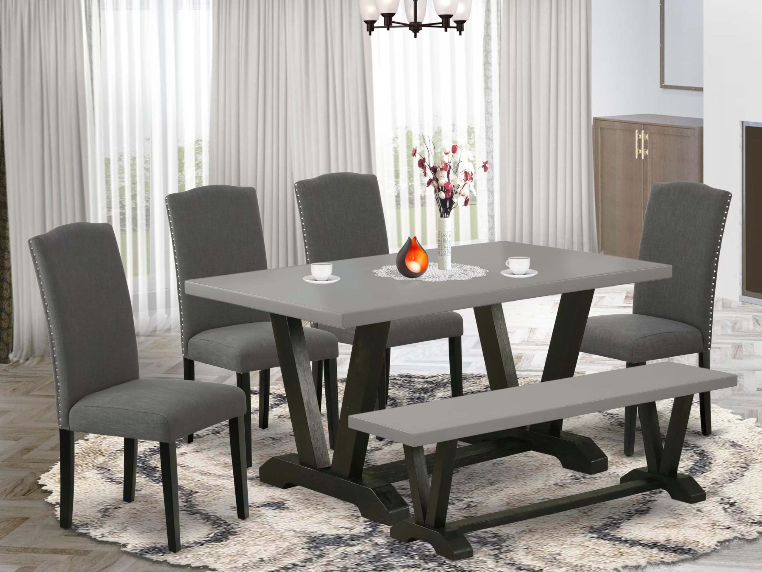 East West Furniture V696En120-6 6 Piece Dinette Set Contains A Rectangle Dining Room Table With V-Legs And 4 Dark Gotham Linen Fabric Parson Chairs With A Bench, 36X60 Inch, Multi-Color