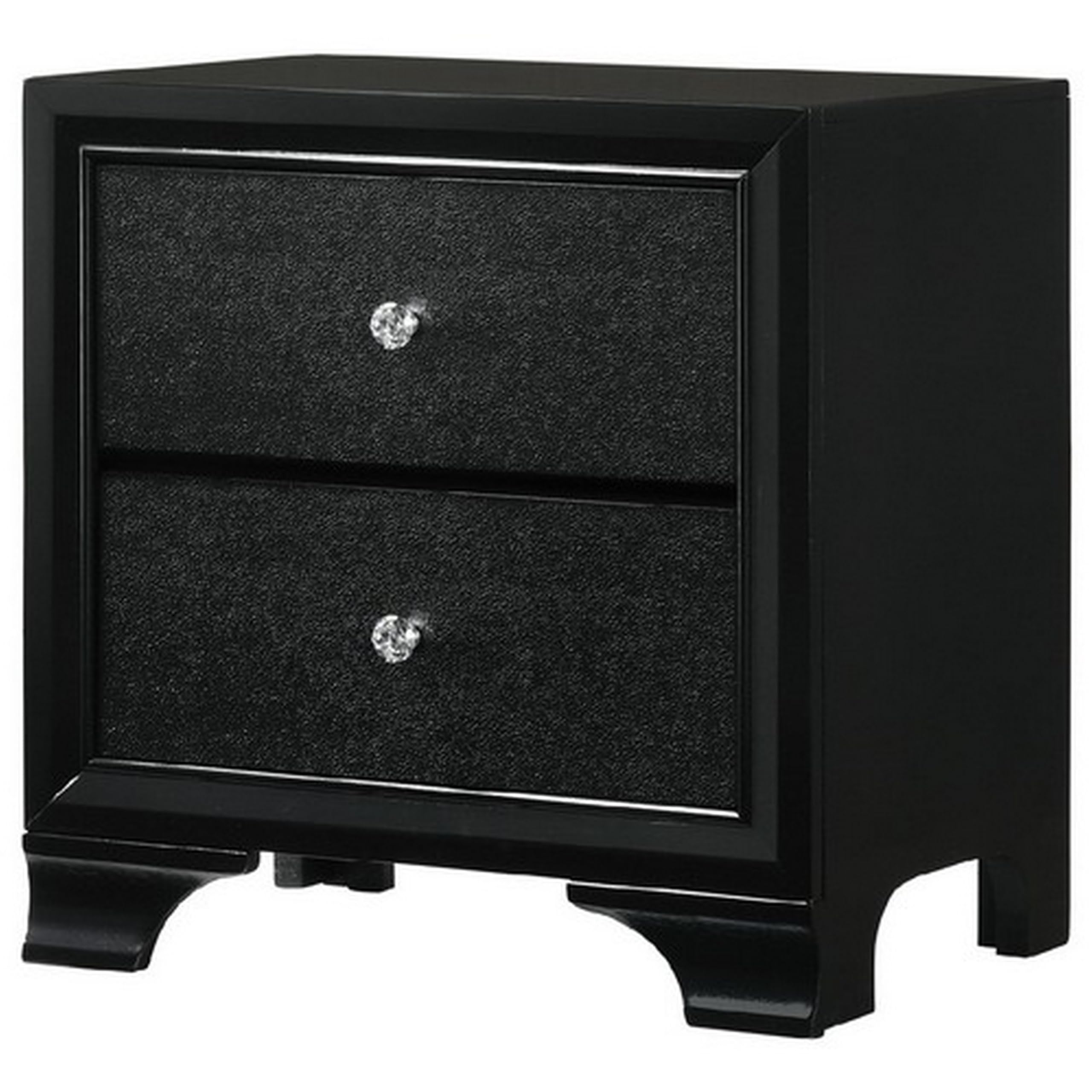 Benjara 2 Drawer Wooden Nightstand With Textured Details And Crystal Pulls, Black