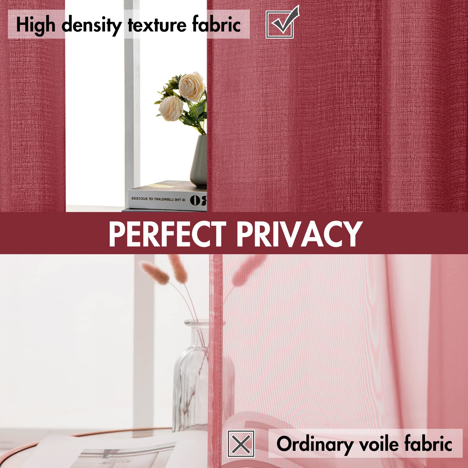 Miulee Burgundy Red Faux Linen Textured Semi Sheer Curtains For Bedroom Living Room 84 Inches Length 2 Panels Set Grommet Light