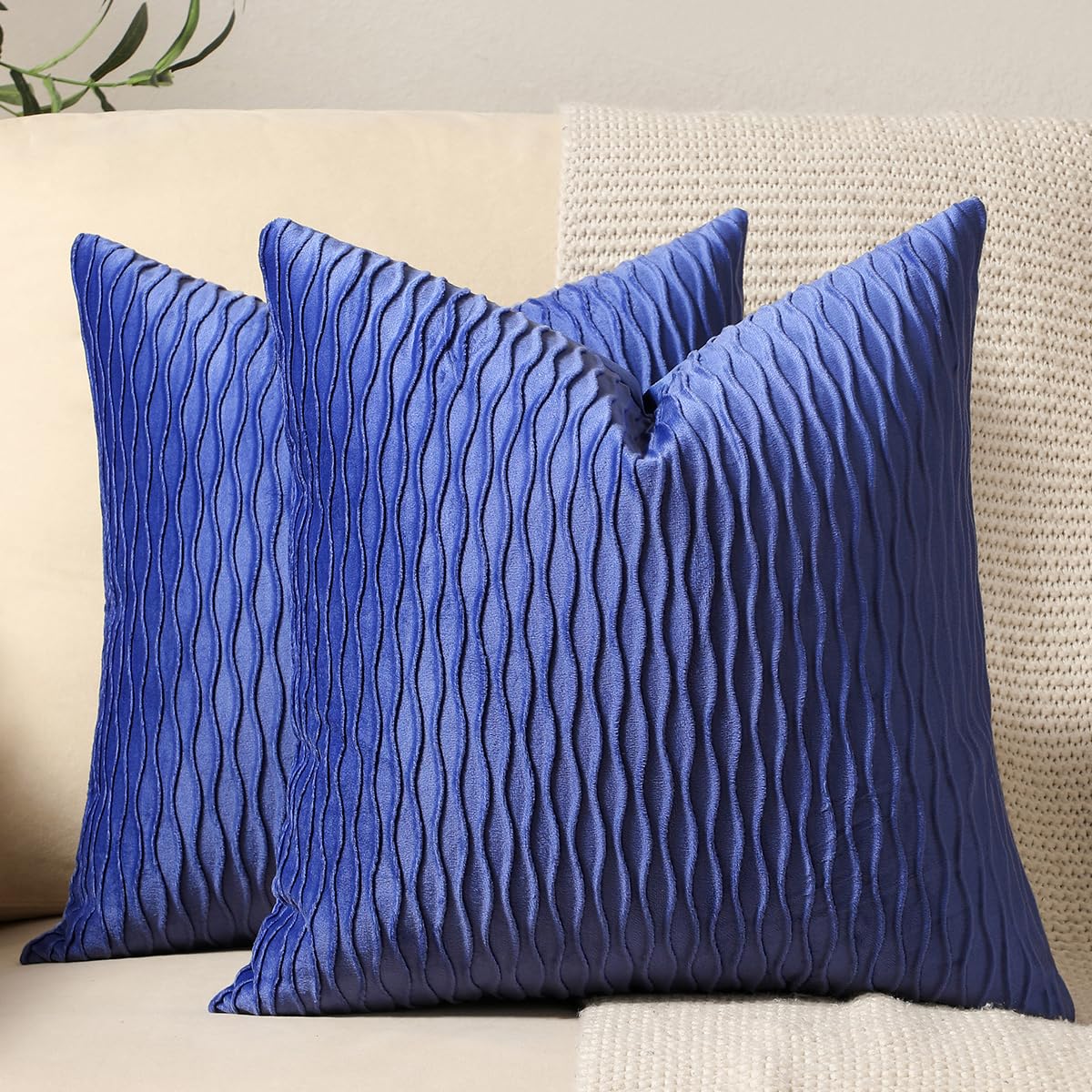 Dezene 18X18 Blue Throw Pillow Covers: 2 Pack Original Striped Velvet Square Decorative Pillow Cases For Farmhouse Couch