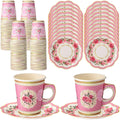 Tioncy 100 Pcs Tea Party Decorations Include 50 Pieces 9 oz Paper Tea Cups with Handle and 50 Plates Disposable Teacups and Sauc