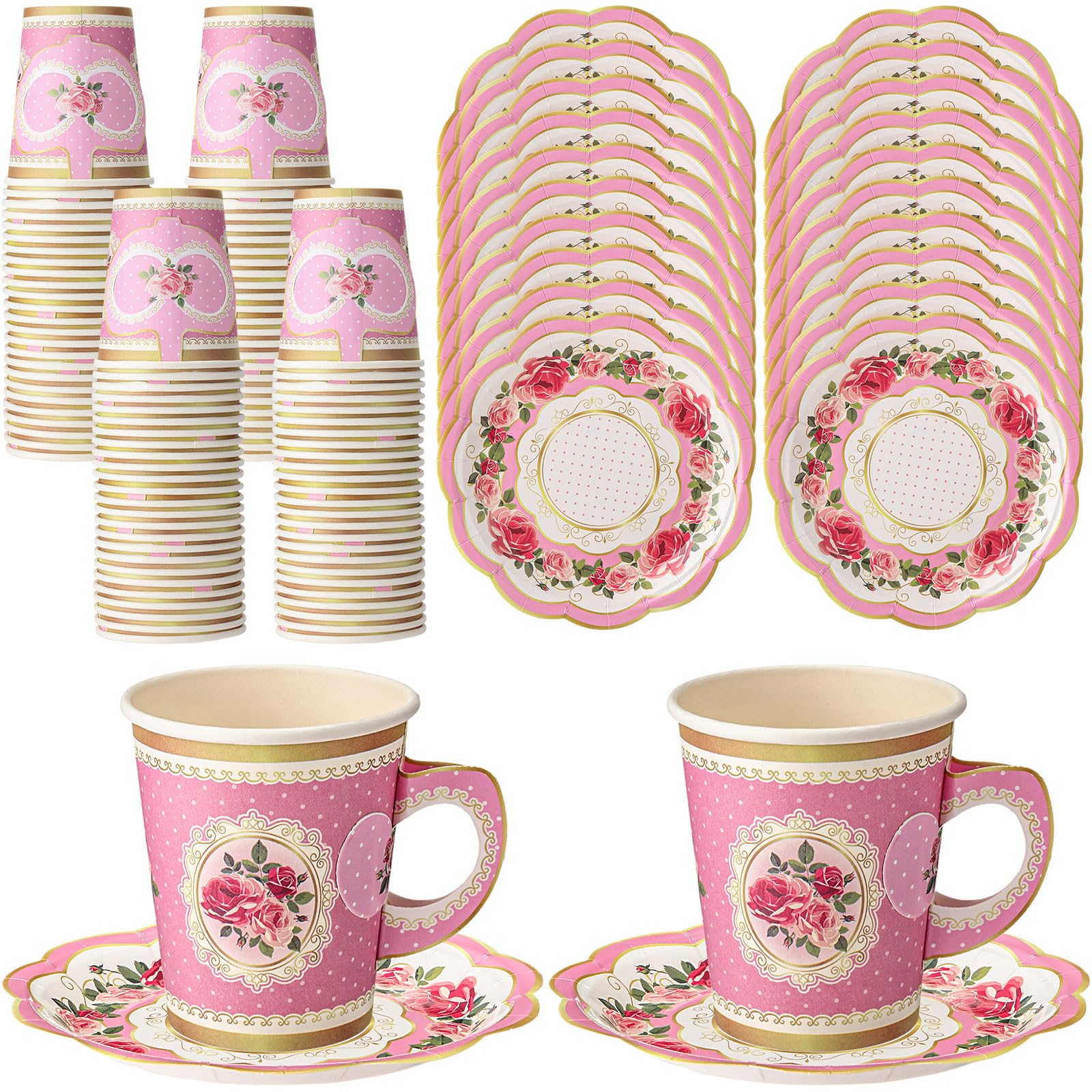 Tioncy 100 Pcs Tea Party Decorations Include 50 Pieces 9 oz Paper Tea Cups with Handle and 50 Plates Disposable Teacups and Sauc