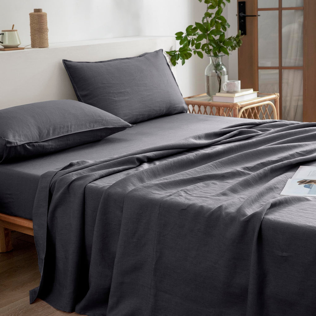 Everly Linen Queen Sheets Set, 100% Stonewashed French Linen Bed Sheets Deep Pocket Sheets, 4 Pieces (1 Flat Sheet, 1 Fitted She