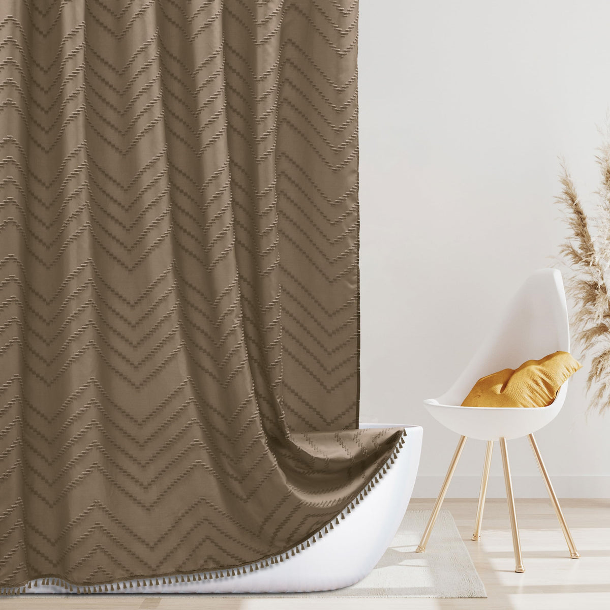 Siiluminisoy Boho Farmhouse Shower Curtain Woven Fabric Khaki Shower Curtain, 72 X 72 Tufted Chevron Textured Striped Modern Far