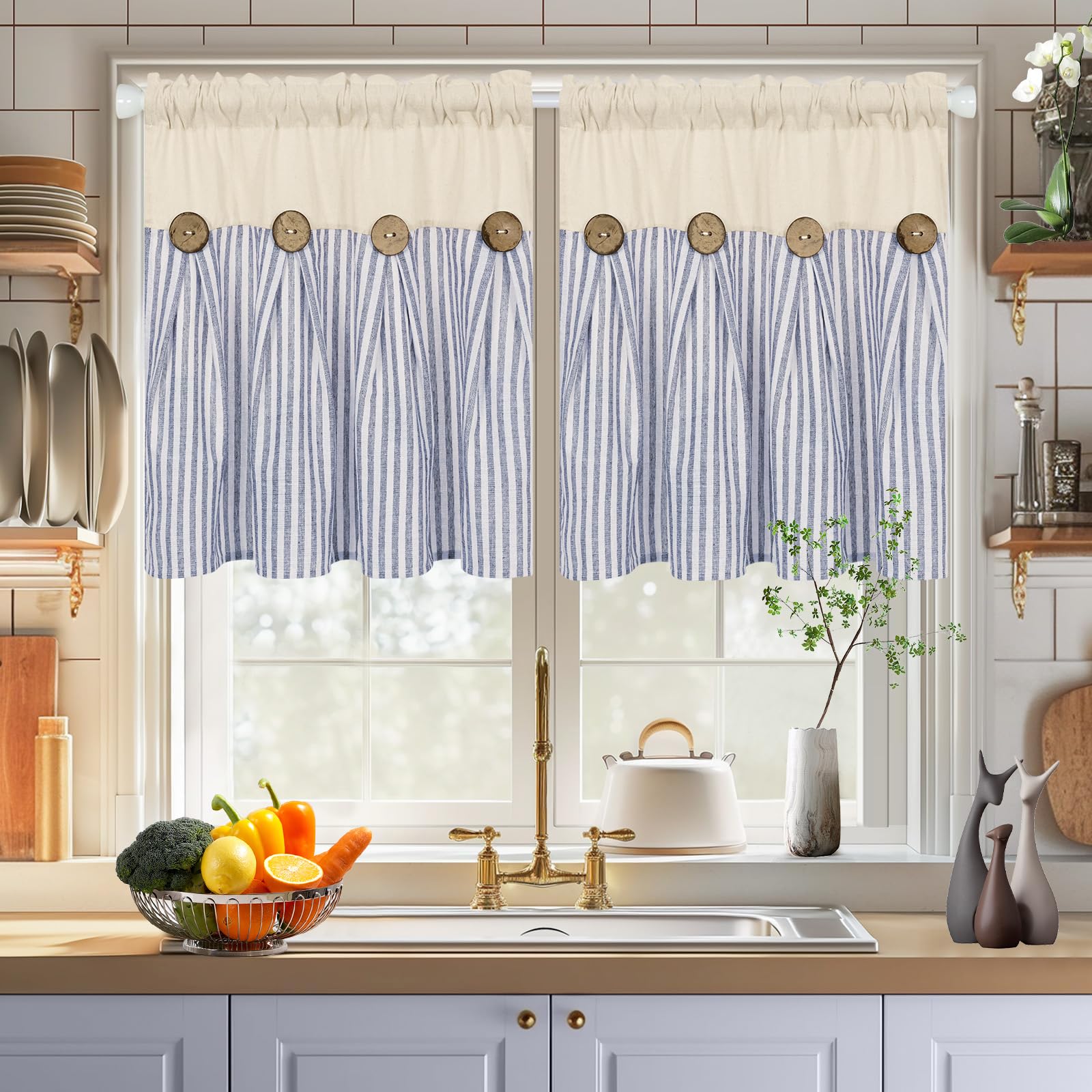 Bleum Cade Cotton Linen Farmhouse Kitchen Curtains 24 Inch Boho Rustic Button Tier Curtains Natural/Blue Stripe Color Block Curt