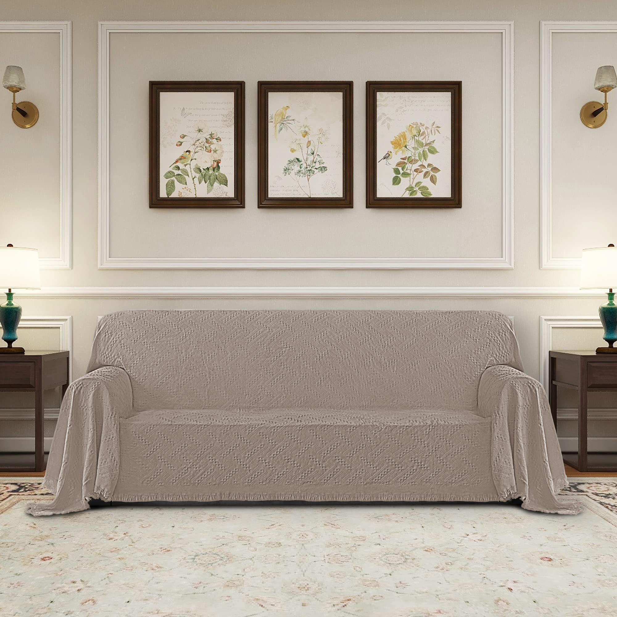 Purefit Geometric Jacquard Throw Sofa Cover - Textured Soft Washable Decorative Couch Covers For 3 Cushion Couch, Throw Cover With Tassels Furniture Protector For Pets, Kids (Large, Camel)