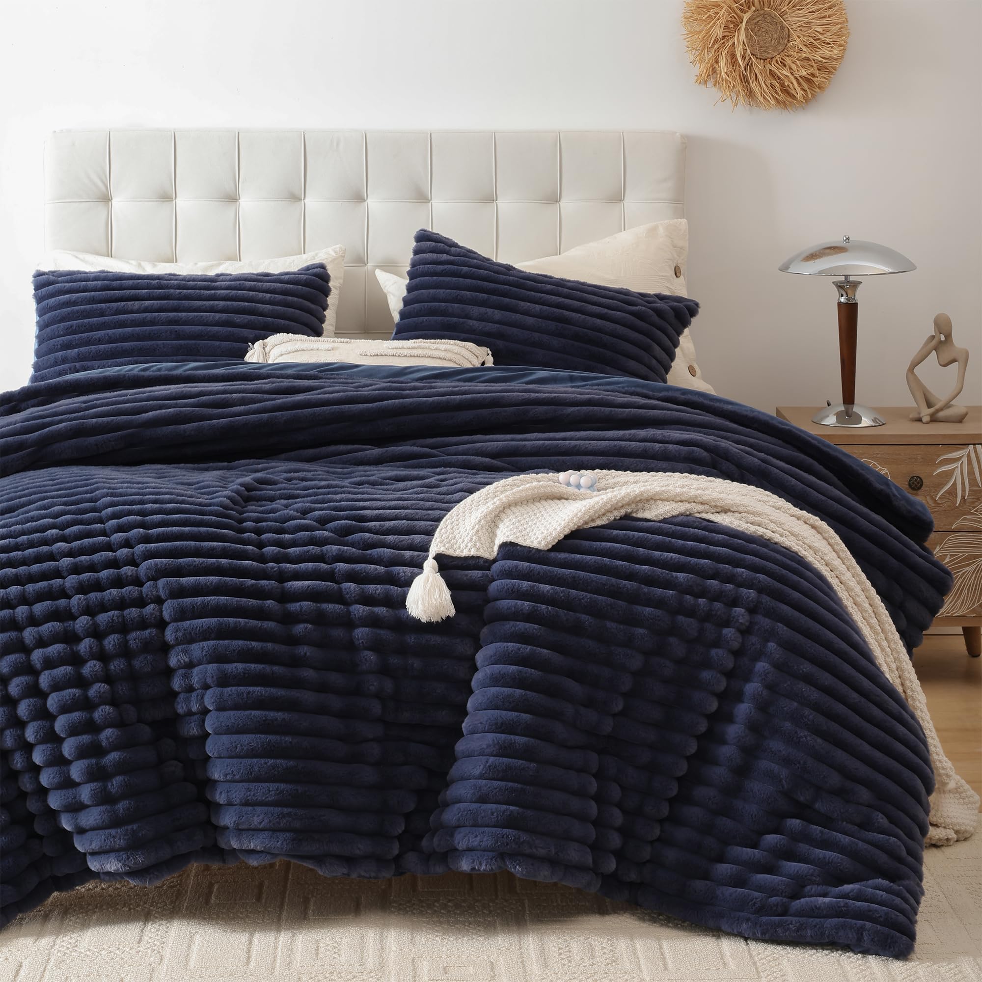 Smoofy Fluffy King Size Comforter Set 3 Pieces - Navy Blue Fleece Fluffy Comforter Set, Luxury Fuzzy King Bedding Set, Soft King