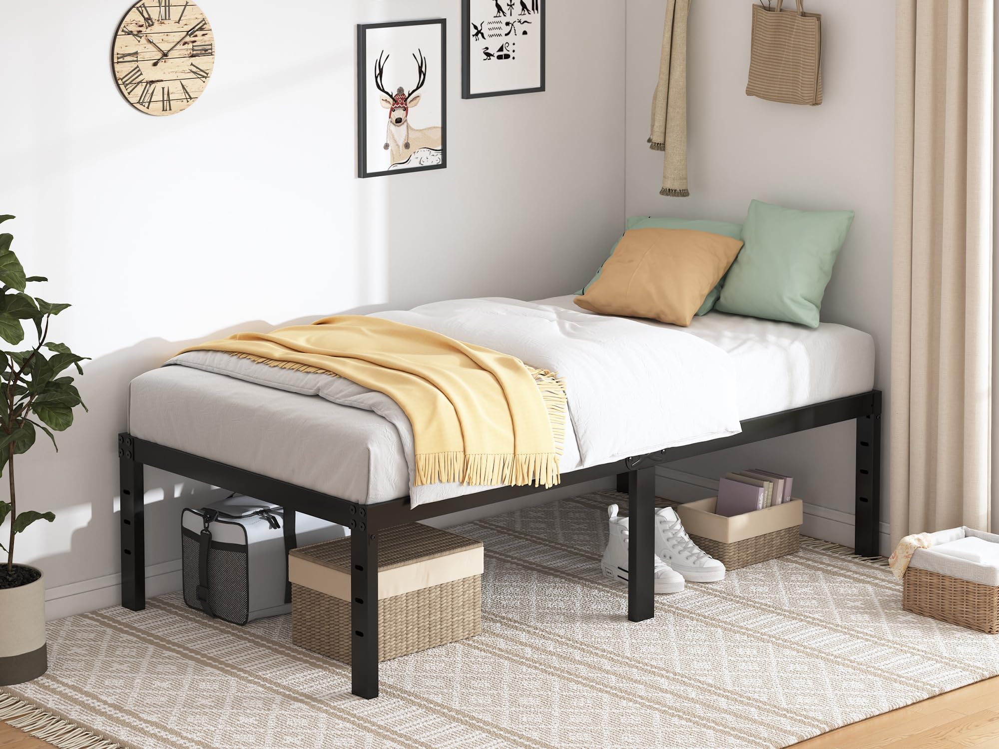 Qeromy Twin Xl Bed Frames - 18 In Sturdy Platform Bed Frame Twin Xl, Heavy Duty Metal Bed Frame No Box Spring Needed, Quick & Ea