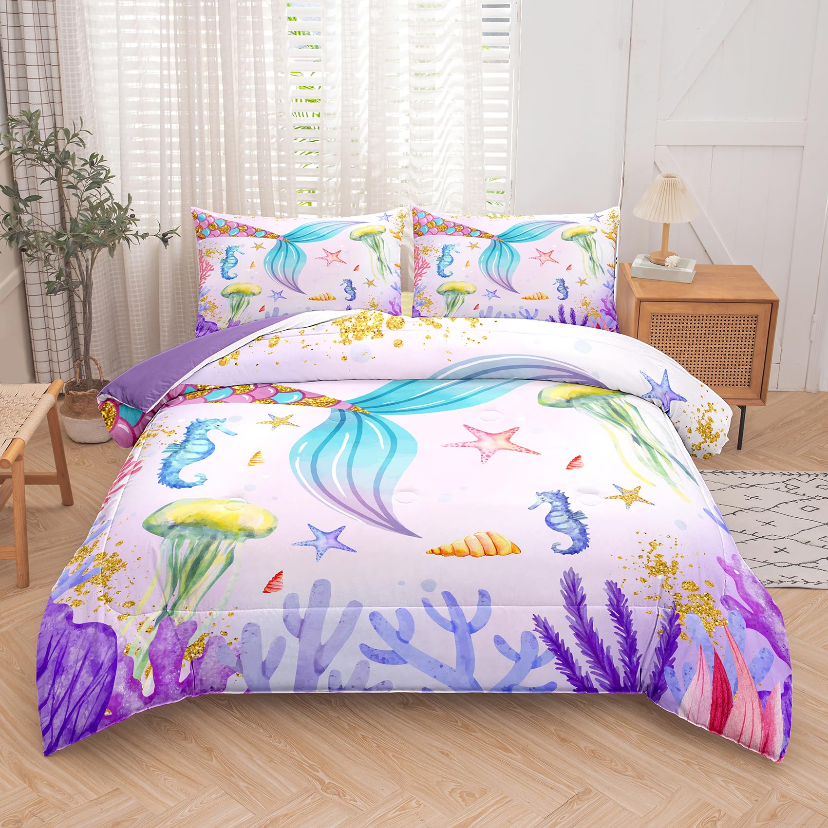 Ninenine Mermaid Tail Bedding Sets Mermaid Comforter Set,Full Size Bedding Sets For Girls,Princess Comforter Toddler Bedding Set