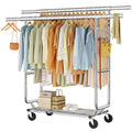 Hoctieon 2-Minute Assembly Double Rod Clothes Rack, Heavy Duty Rolling Clothing Racks with Wheels, Foldable Commercial Garment R