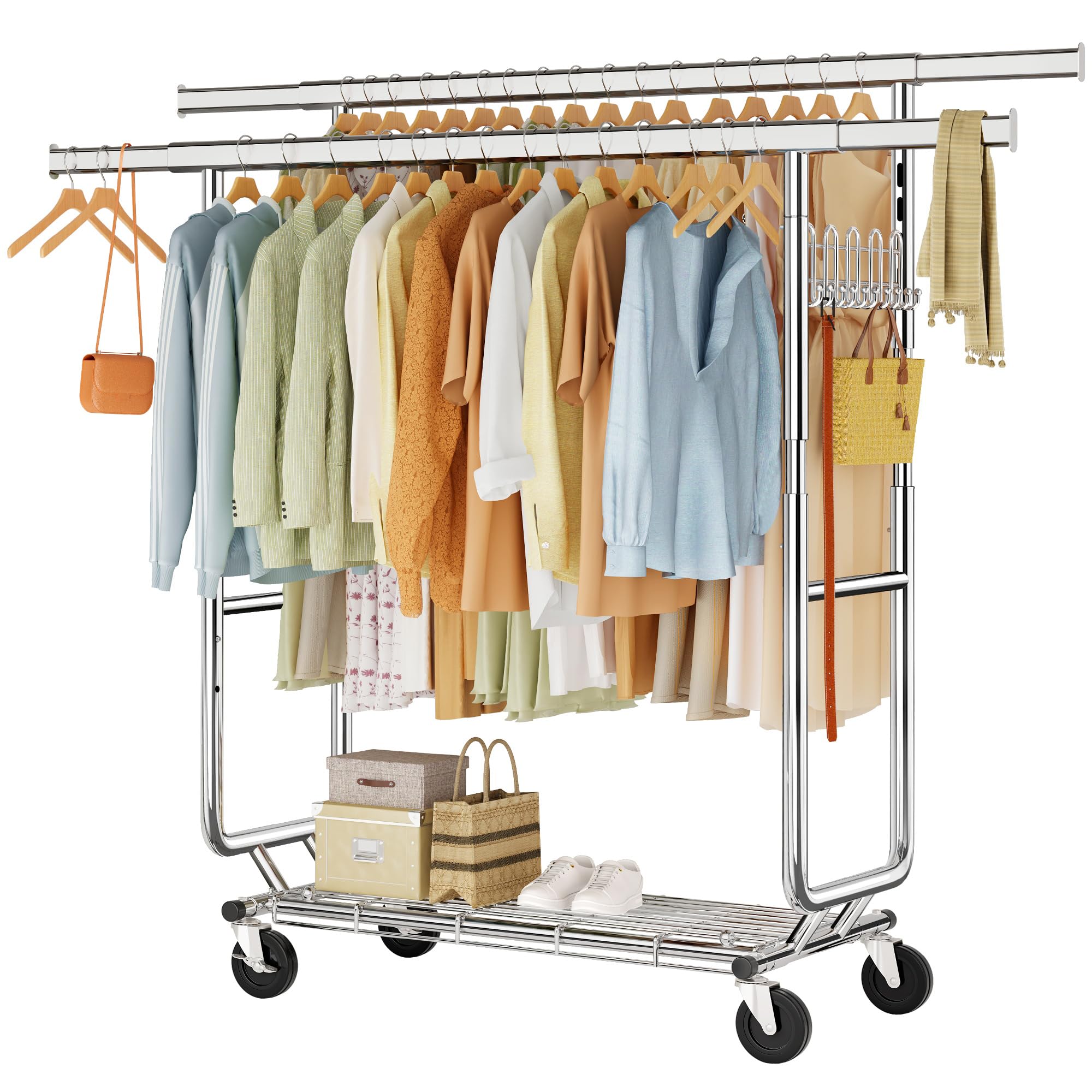 Hoctieon 2-Minute Assembly Double Rod Clothes Rack, Heavy Duty Rolling Clothing Racks with Wheels, Foldable Commercial Garment R