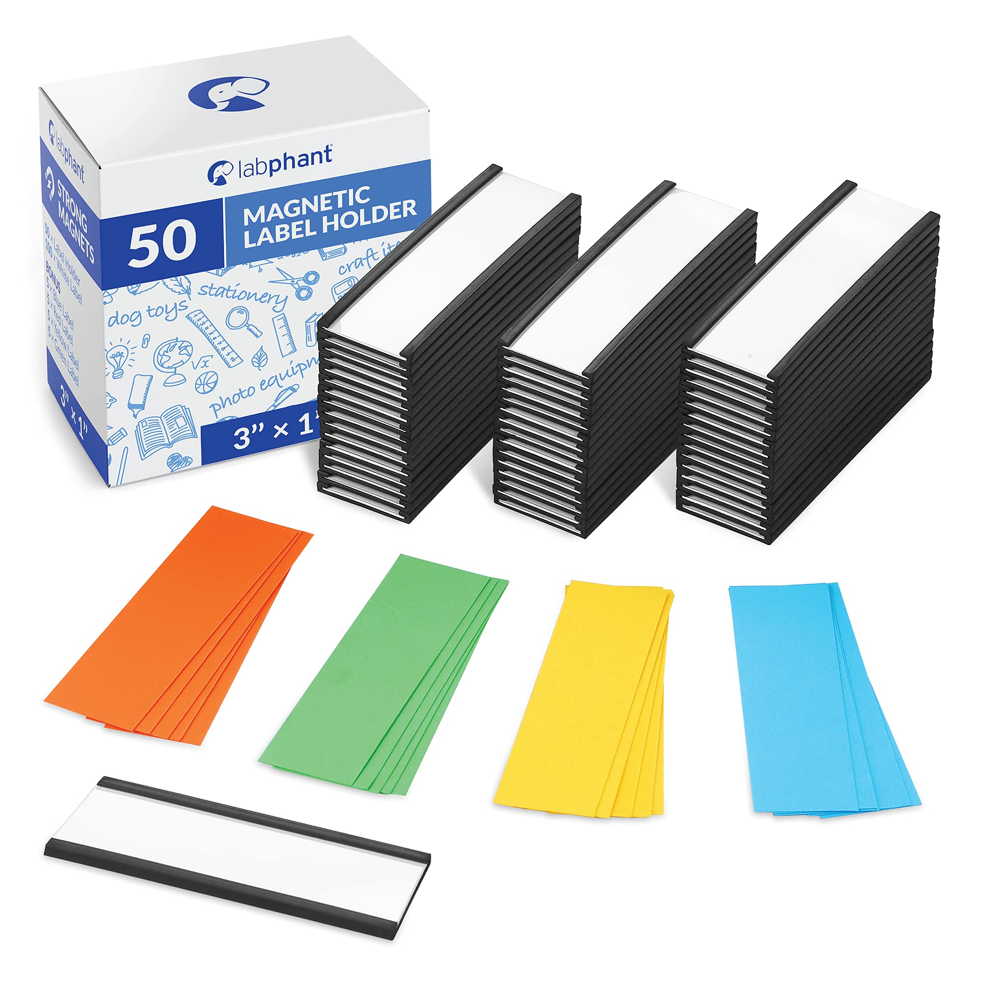 50 Pack 'C' Channel Magnetic Label Holders 1X3 With 100 White Card Inserts, 50 Clear Plastic Protectors And Bonus 20 Colorful
