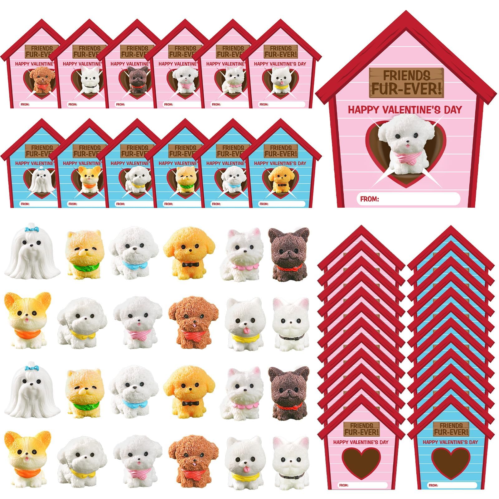 Demonwer 24 Pack Valentine s Day Gifts Mini Dog Figurines with Greeting Card Puppy Animal Figures for Valentine Party Favors Ex
