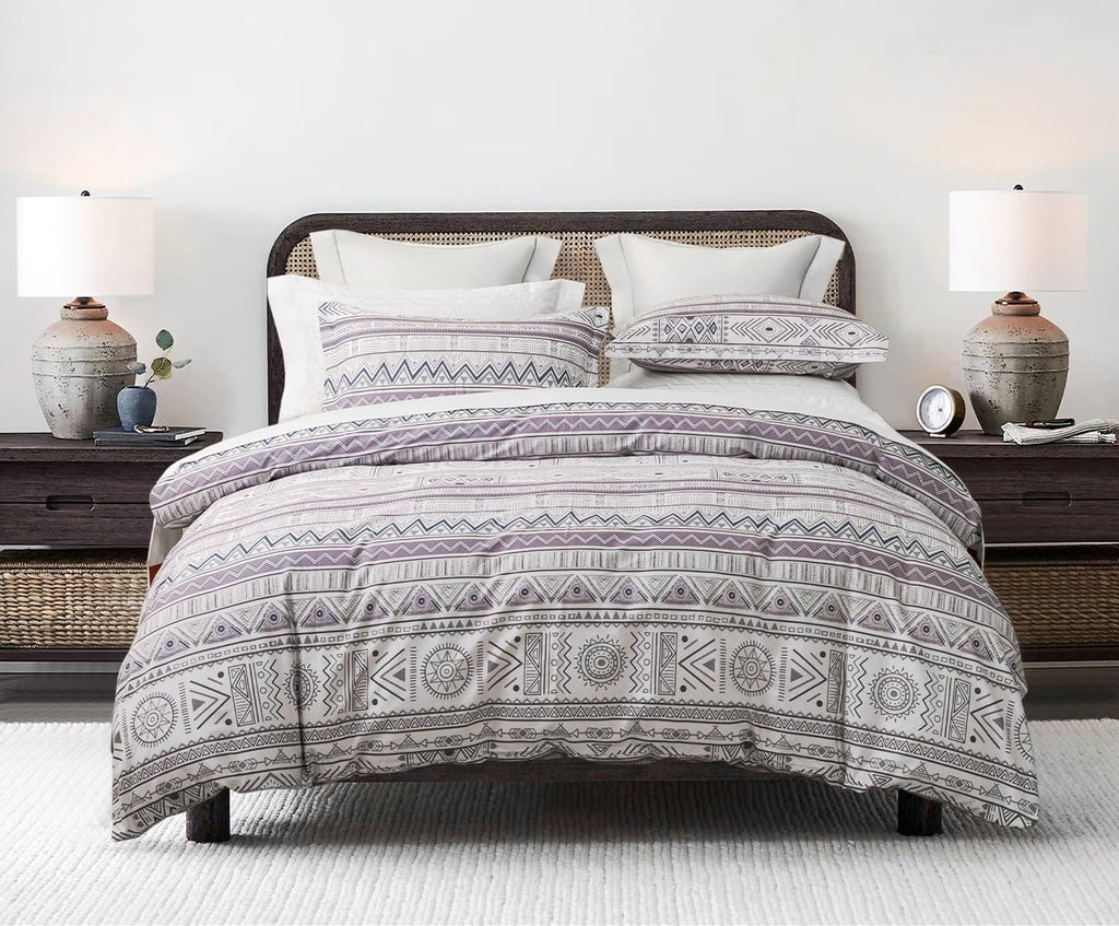 SLEEPBELLA Boho Chic Striped King Size Duvet Cover Set - 100% Cotton with Button Closure in White and Purple