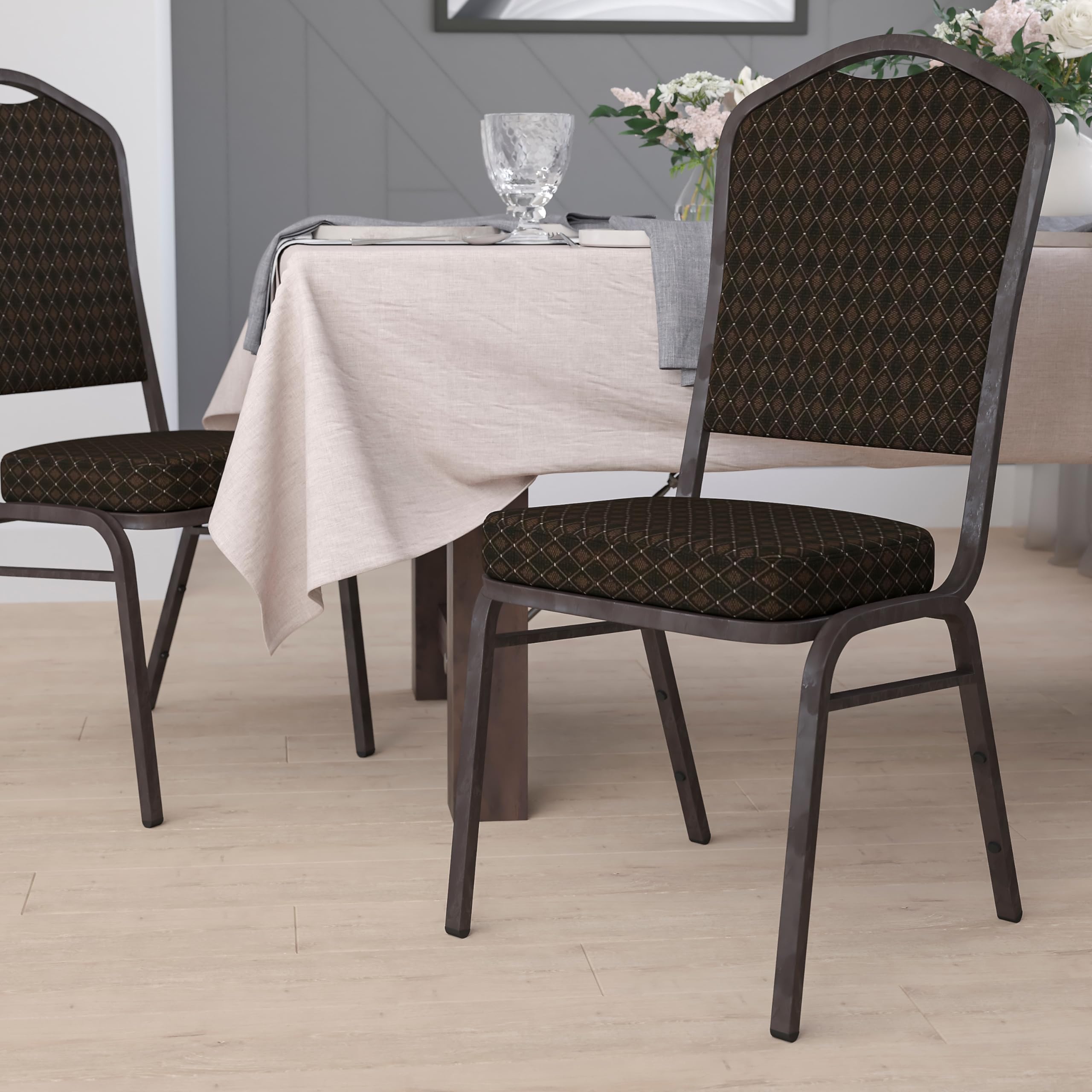 Flash Furniture HERCULES Series Crown Back Stacking Banquet Chair in Brown Patterned Fabric - Gold Vein Frame