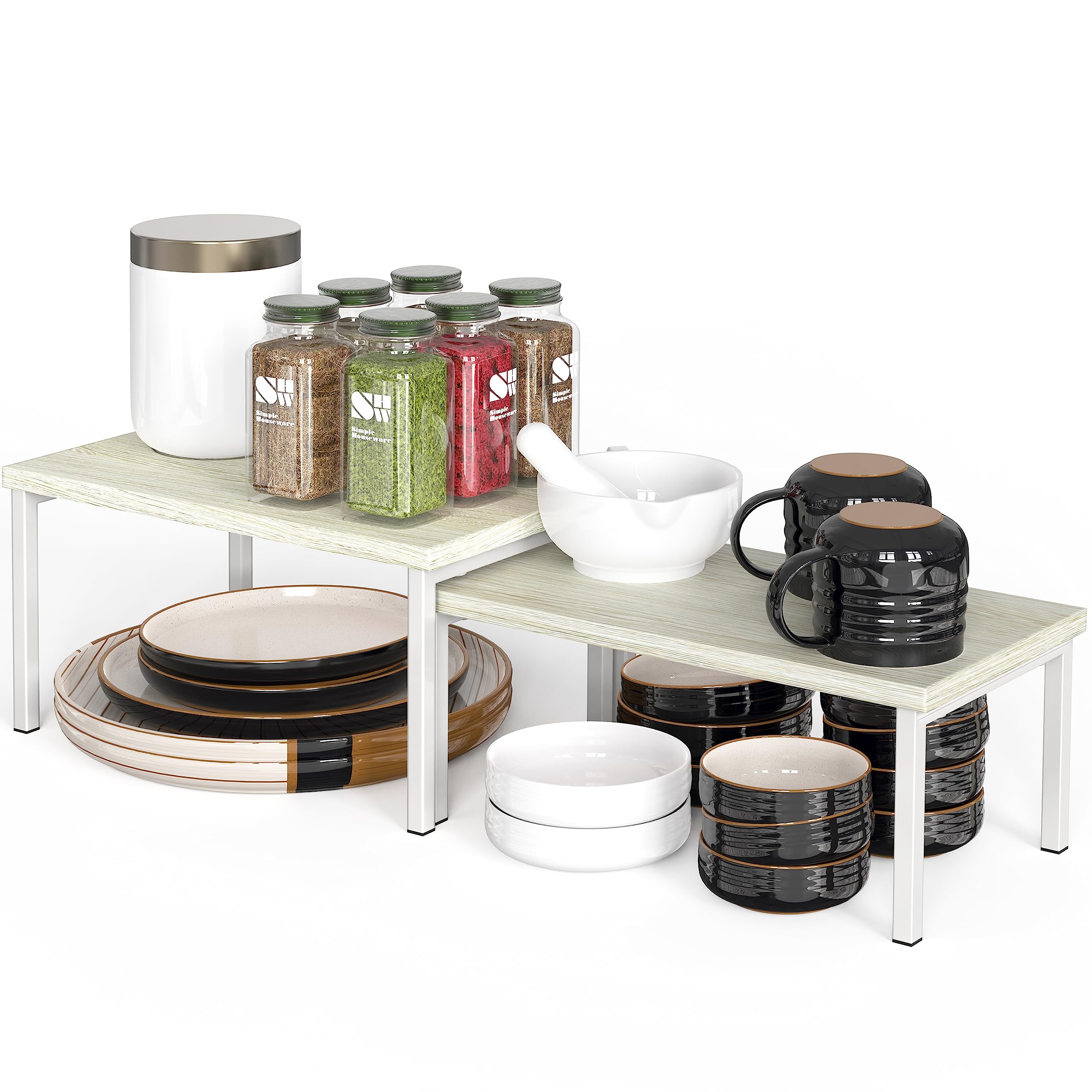 Simple Houseware Wooden Top Expandable Stackable Kitchen Cabinet and Counter Shelf Organizer, Maple