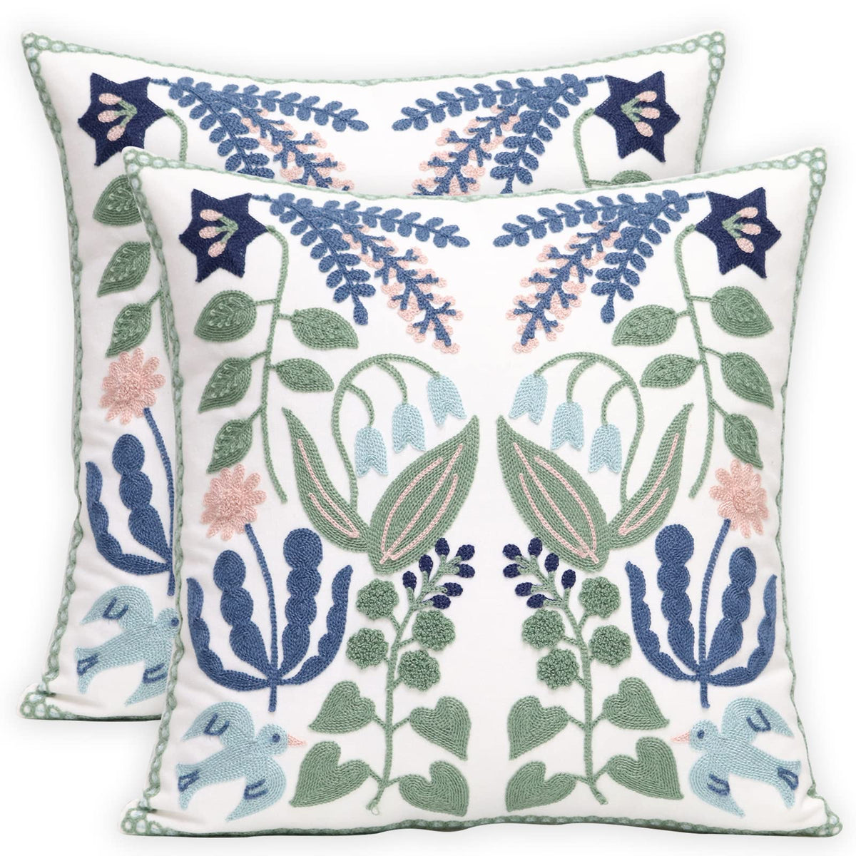 Pilmandu Pack Of 2 Embroidered Decorative Throw Pillow Cover 18X18 Inch Farmhouse Floral Pillowcase For Living Room Sofa Bed (Bi