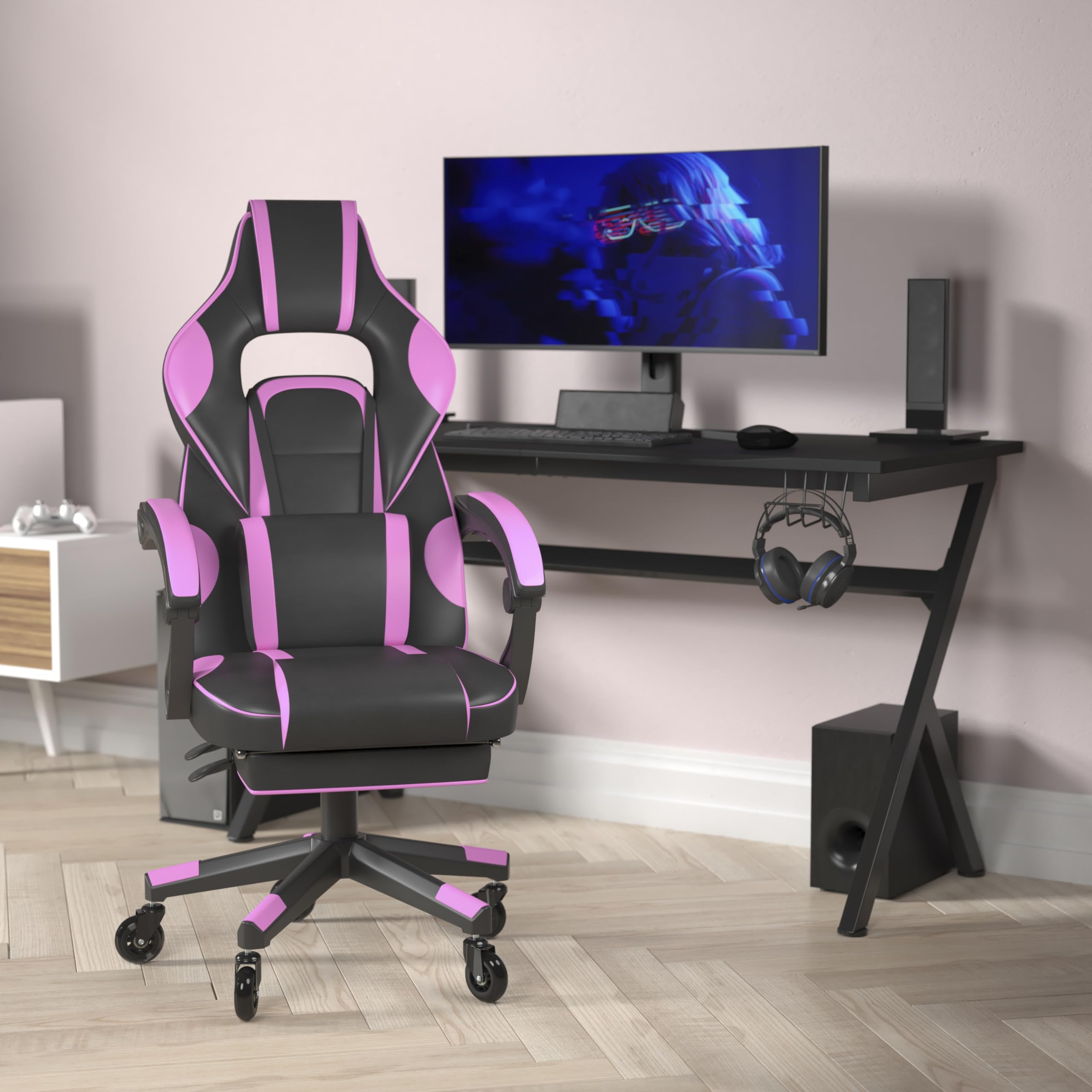 Flash Furniture X40 Gaming Chair Racing Computer Chair With Fully Reclining Back/Arms And Transparent Roller Wheels, Slide-Out Footrest, - Black/Purple