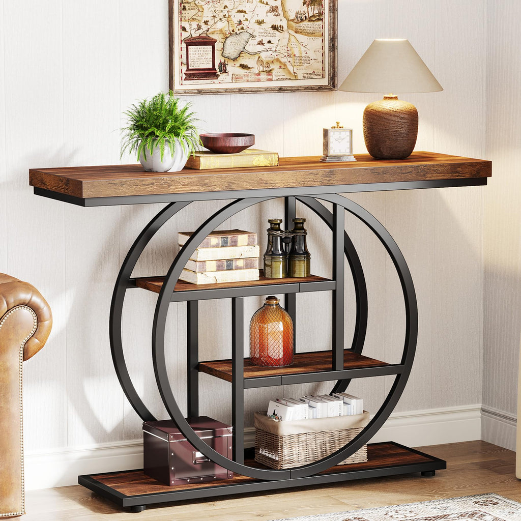 Tribesigns 41.3' Console Table, Industrial 4-Tier Sofa Table Entryway Table With Circle Base, Narrow Wood Accent Tables With Storage Shelves For Living Room, Hallway, Foyer, Rustic Brown